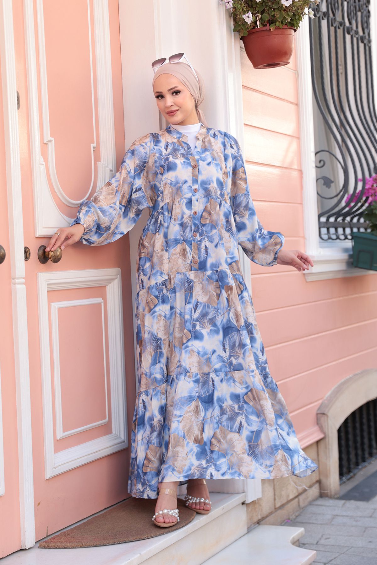 LOCCO-Rochie de damă cu model de frunze albastră 5