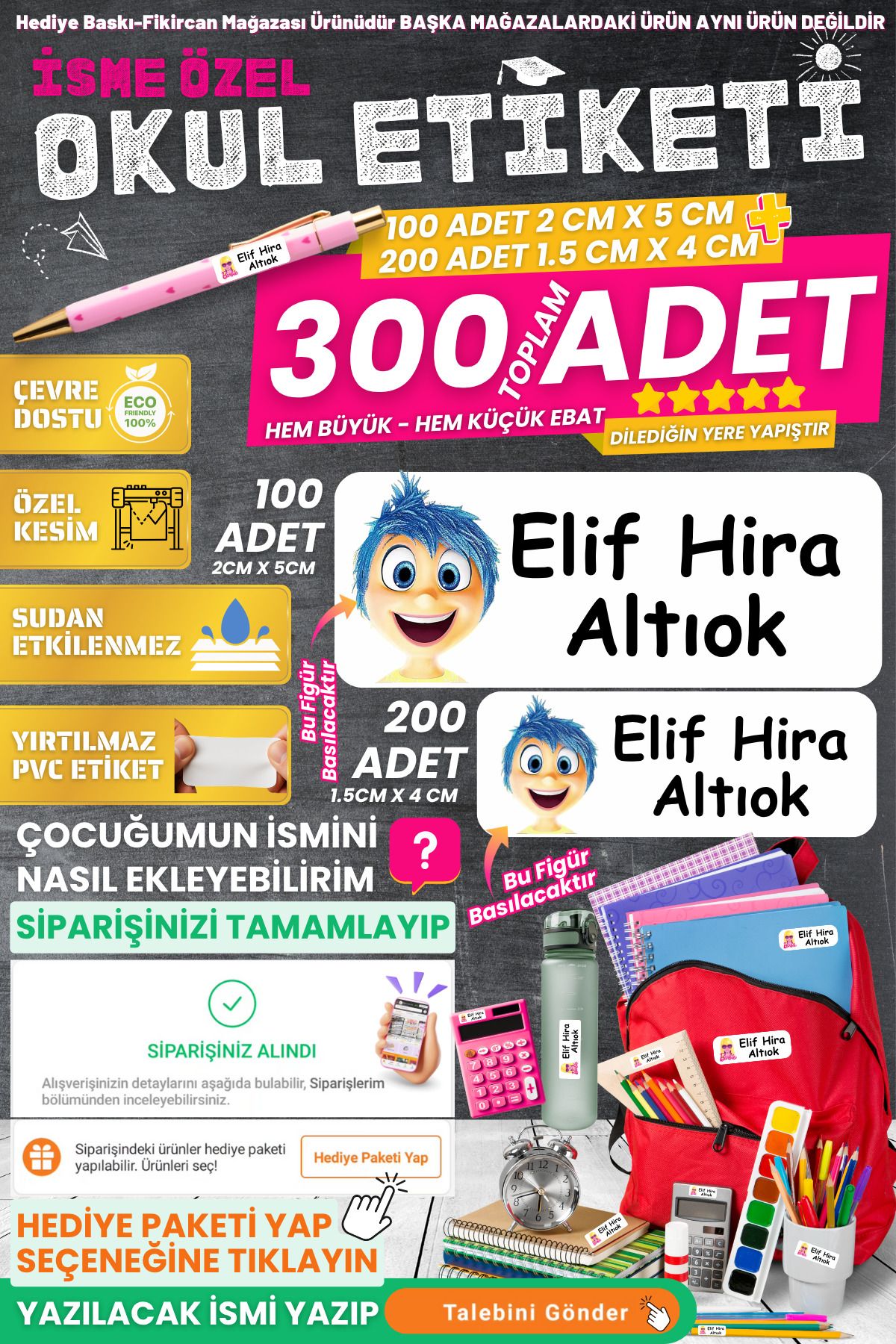 FİKİRCAN Fikircan-İsme Özel Okul Etiket Seti - NEŞE 300 Adet - Kokusuz Ekolojik Mürekkep PVC ETİKET