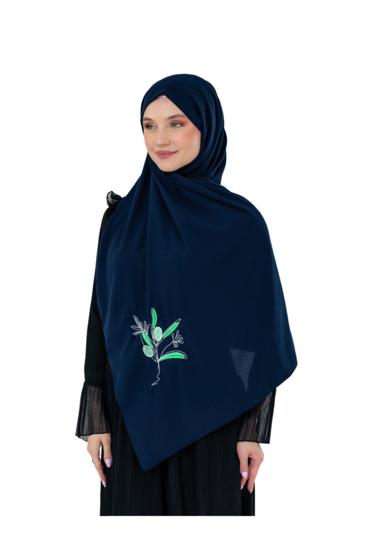 Zaytoon Polyster Lacivert Rengi Şal Filistin Zaytin Dalı Renkli Nakışlı S100040