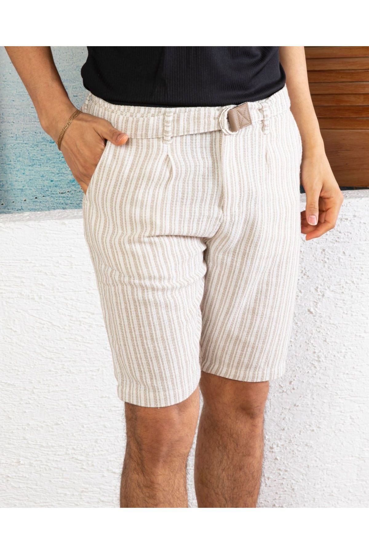 VOGUEMET Erkek Çizgili Kemerli Şort | Dokulu Kumaş Rahat Kalıp Yazlık Şort