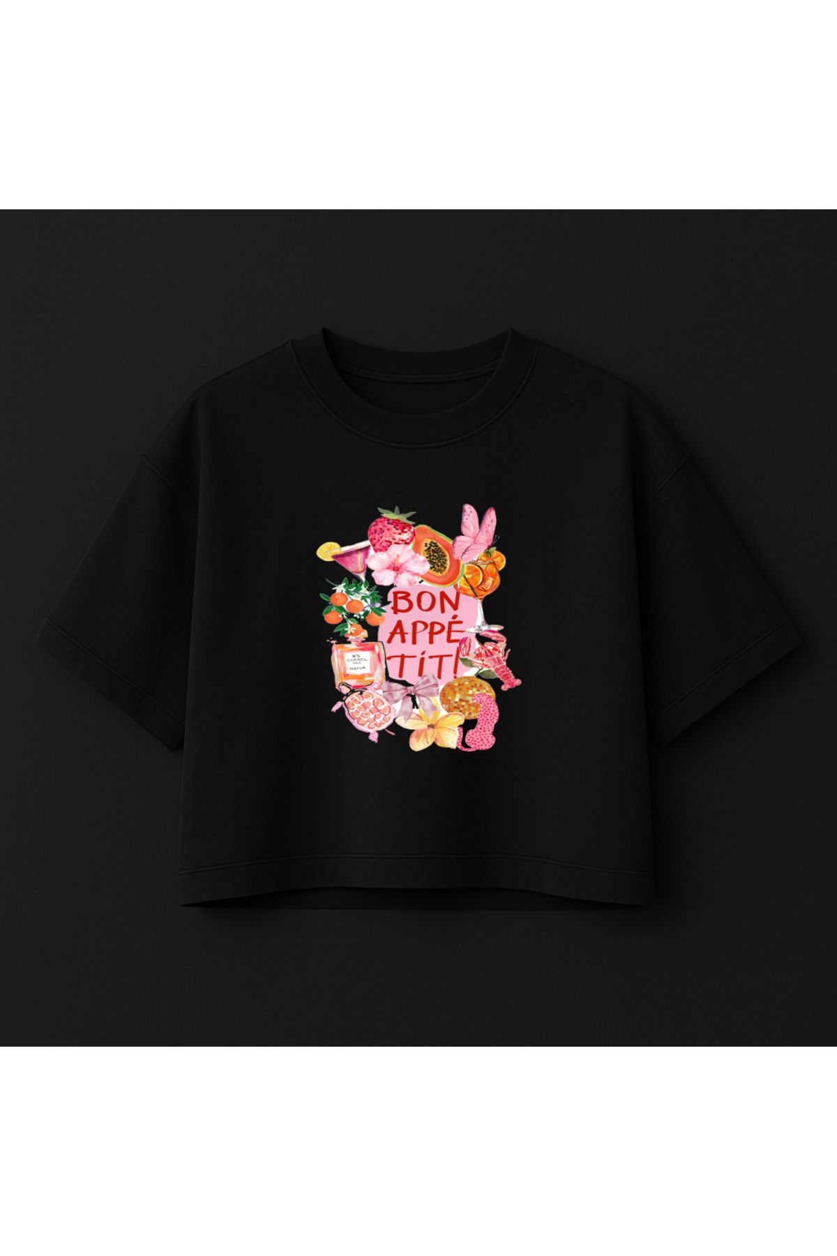 Minou Wear Bonapetit Baskılı Özel Tasarım Kadın Siyah Oversize Crop Tshirt