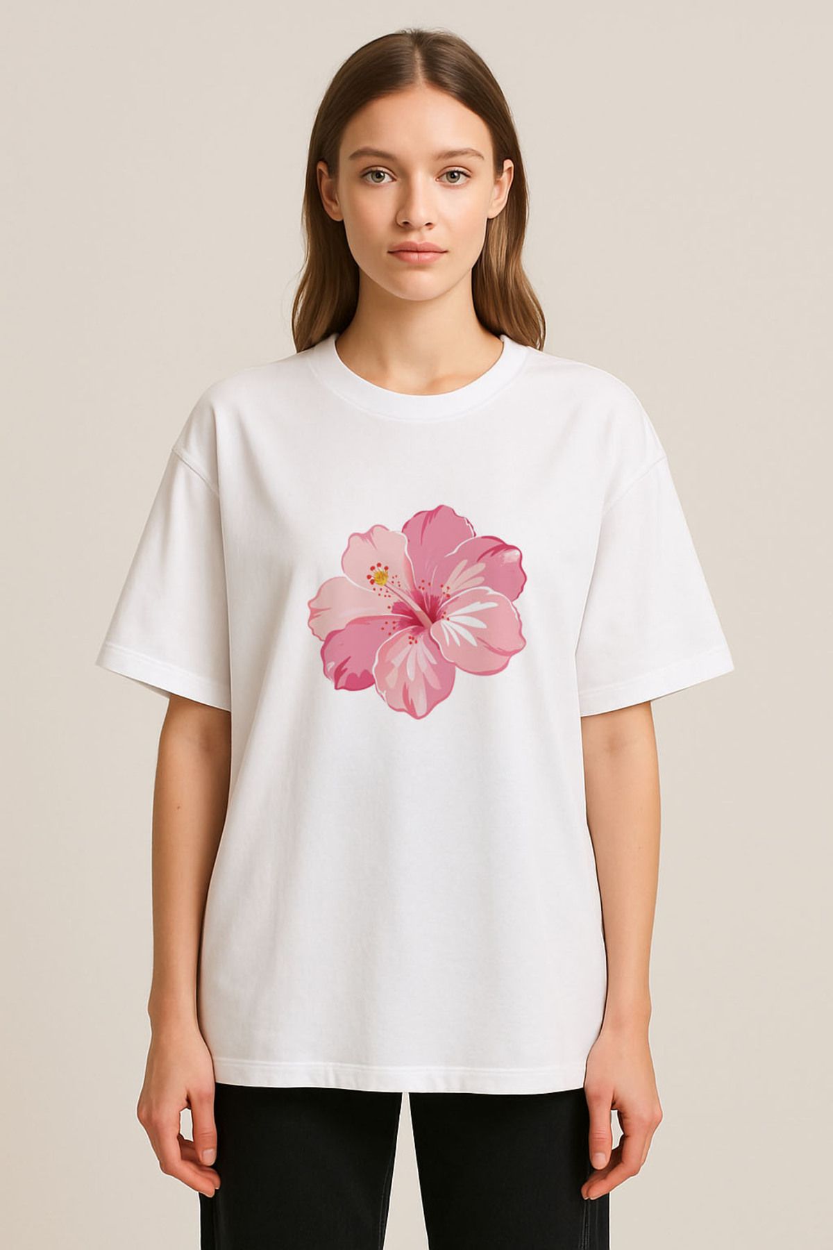 sielta Summer Hibiscus Çiceği Baskılı Bisiklet Yaka Oversize Beyaz Tişört T-shirt