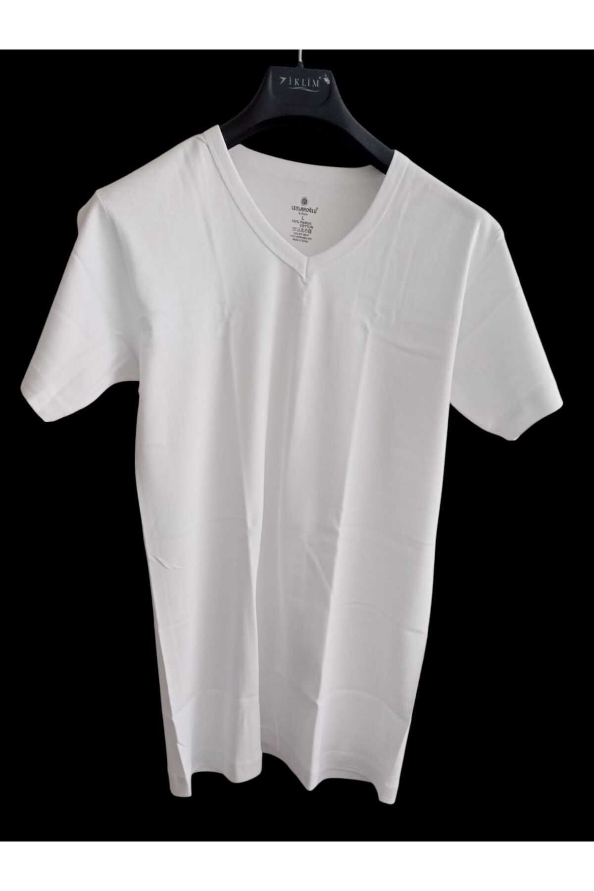 balkonda Tişört V yaka pamuklu cotton beyaz slim fit ekstra esnek unisex VTC2-1
