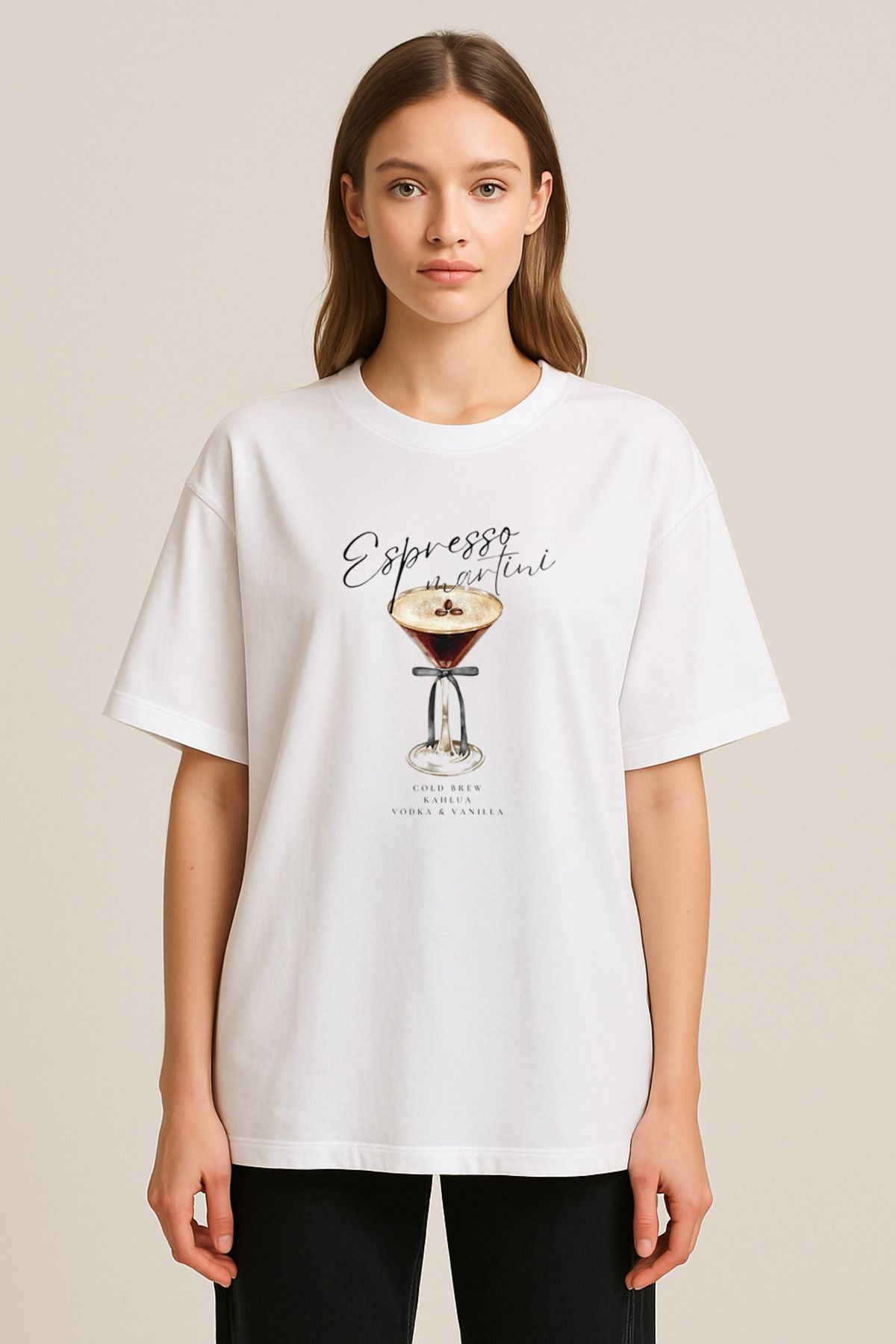sielta Espresso Martini Kokteyl Baskılı Bisiklet Yaka Oversize Beyaz Tişört T-shirt