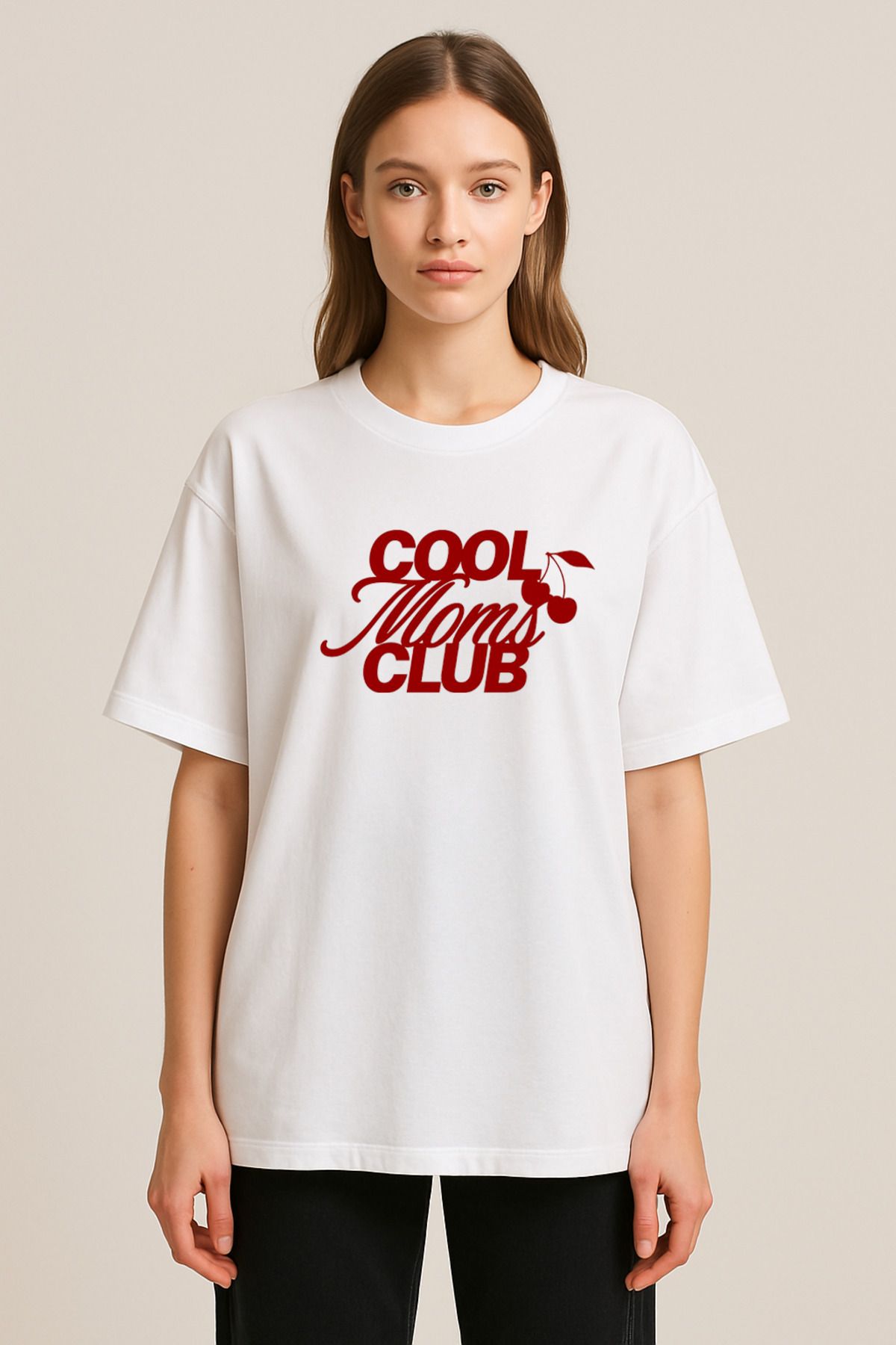sielta Cool Moms Club Baskılı Bisiklet Yaka Oversize Beyaz Tişört T-shirt