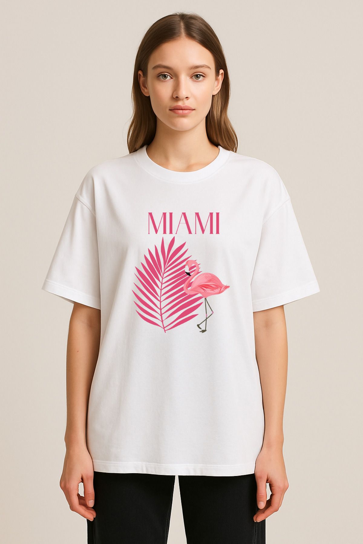 sielta Miami Baskılı Bisiklet Yaka Oversize Beyaz Tişört T-shirt