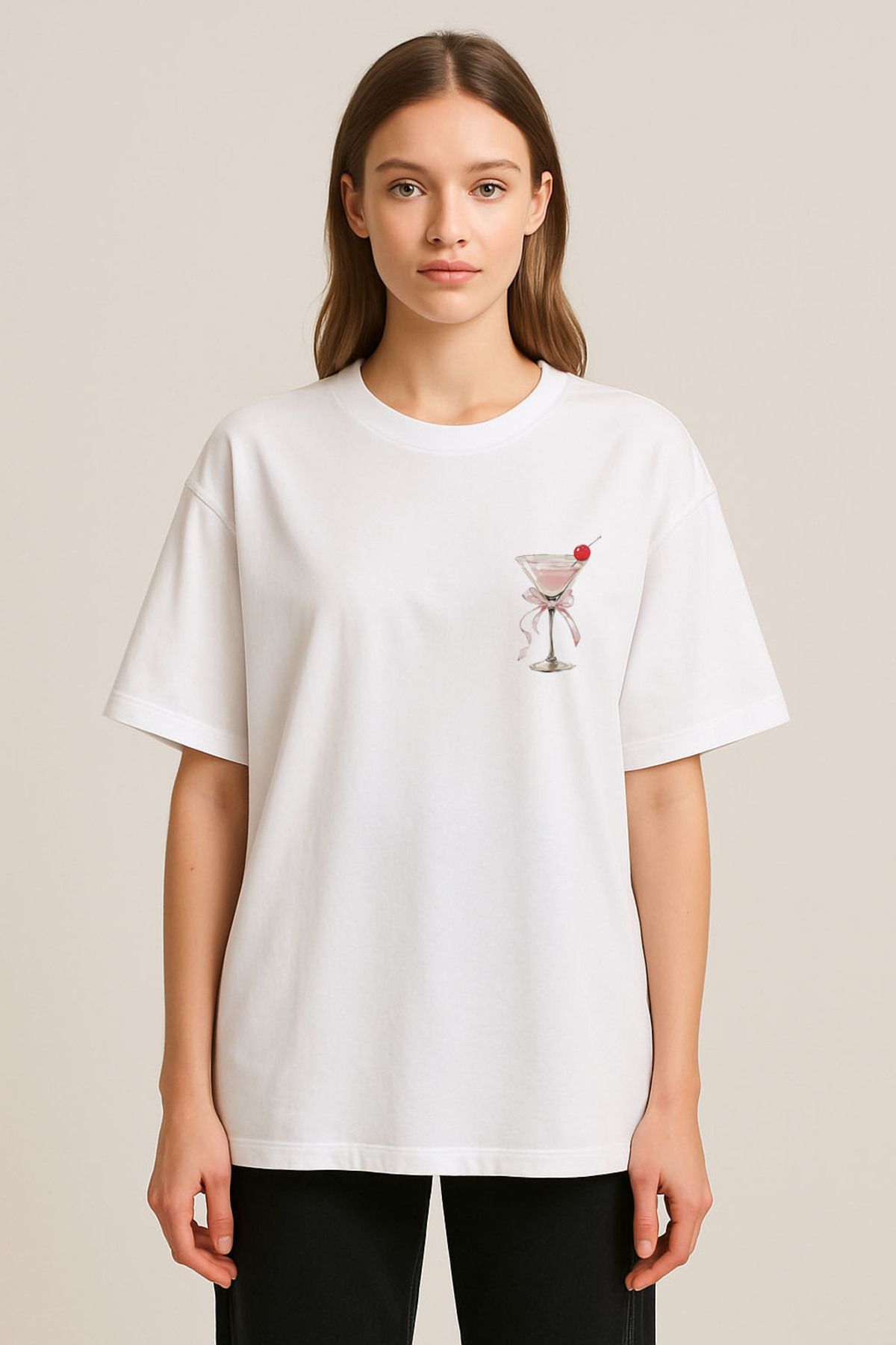 sielta Kokteyl Coctail İçki Baskılı Bisiklet Yaka Oversize Beyaz Tişört T-shirt