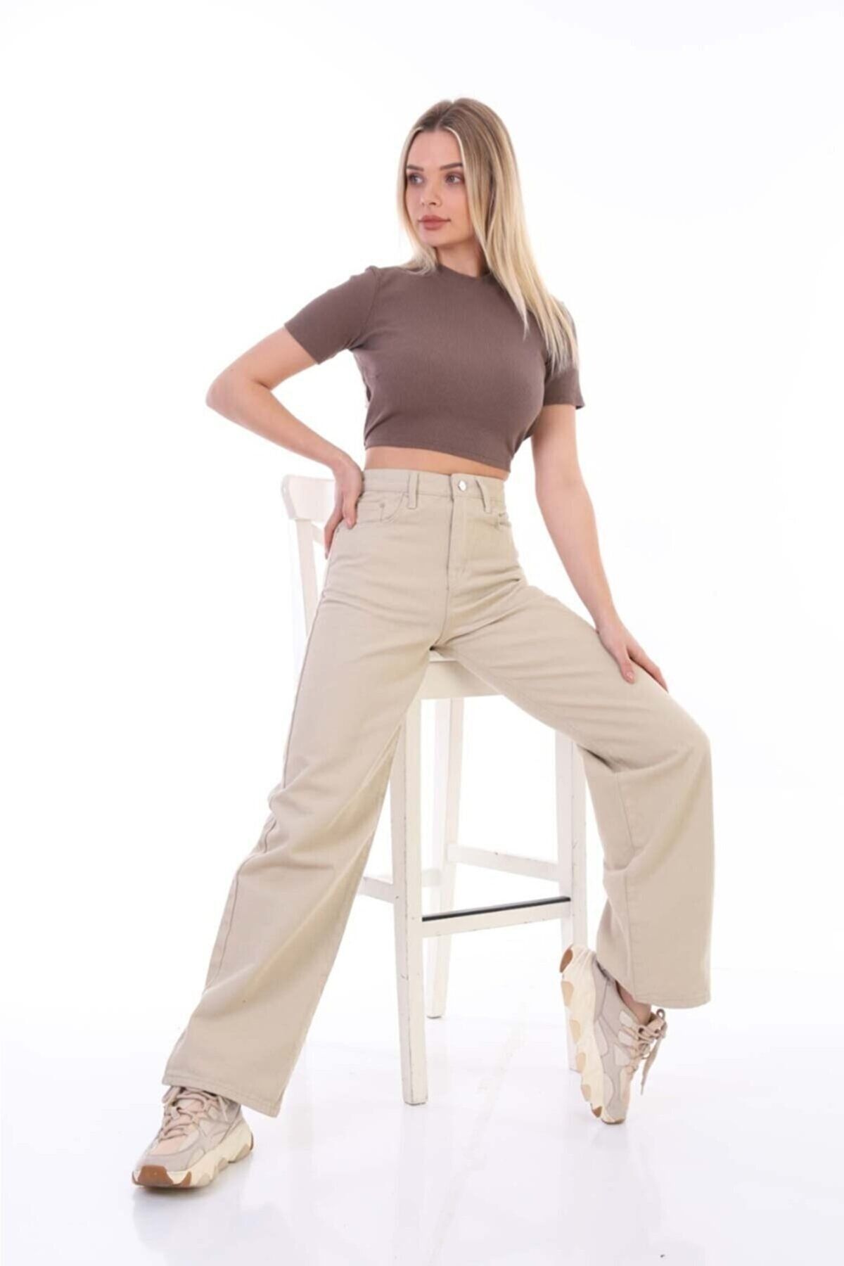 aideen Kadın Bej Yüksek Bel Bol Paça Likralı Salaş Jeans