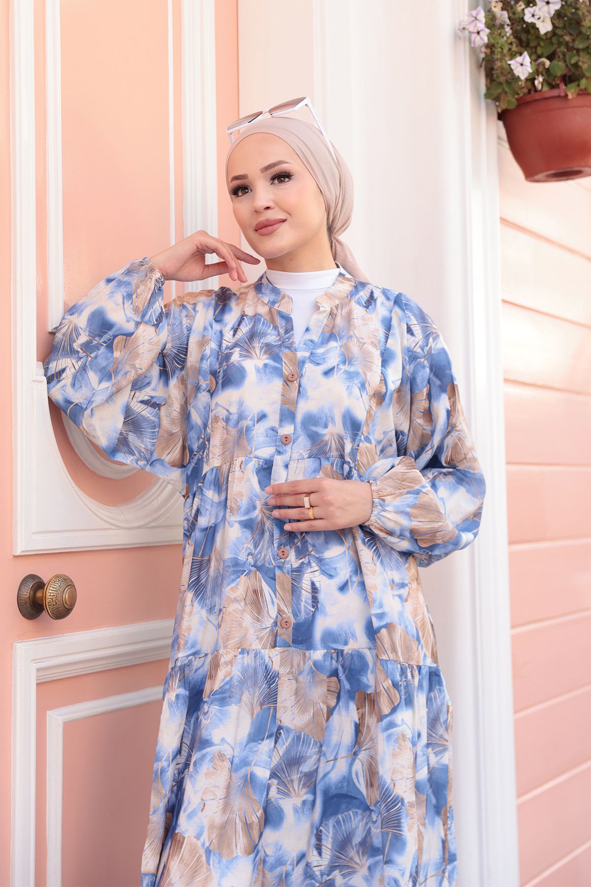 LOCCO-Rochie de damă cu model de frunze albastră 4