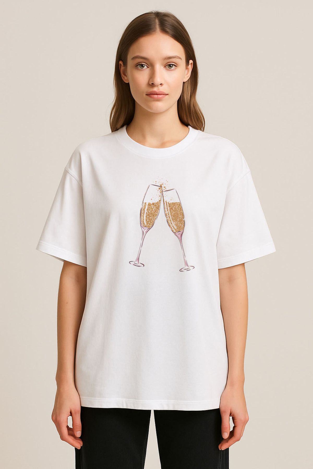 sielta Şampanya Bardağı Baskılı Bisiklet Yaka Oversize Beyaz Tişört T-shirt