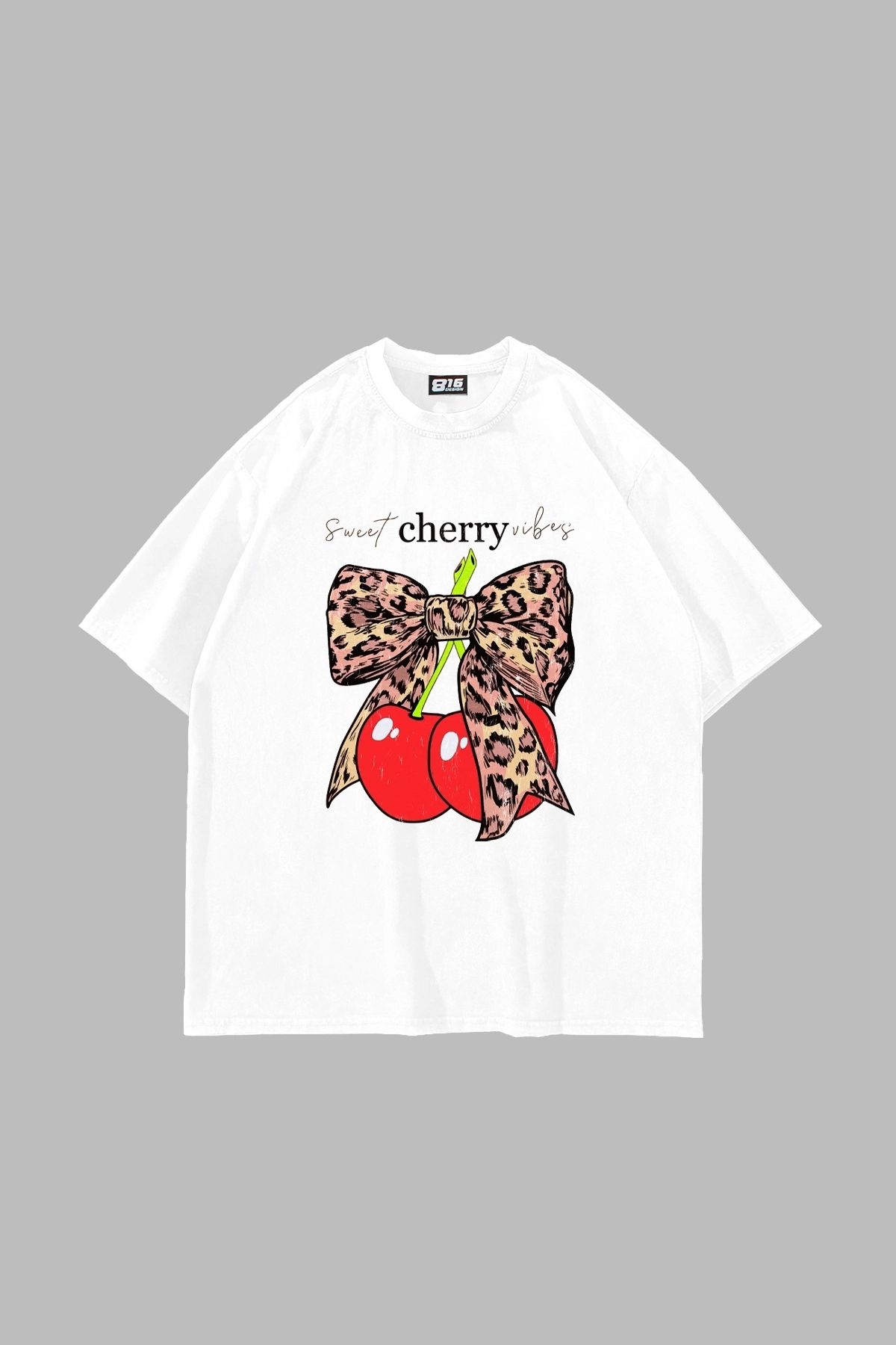 Sekizbiraltı Sweet Cherry Vibes Baskılı Oversize Unisex Beyaz Tshirt