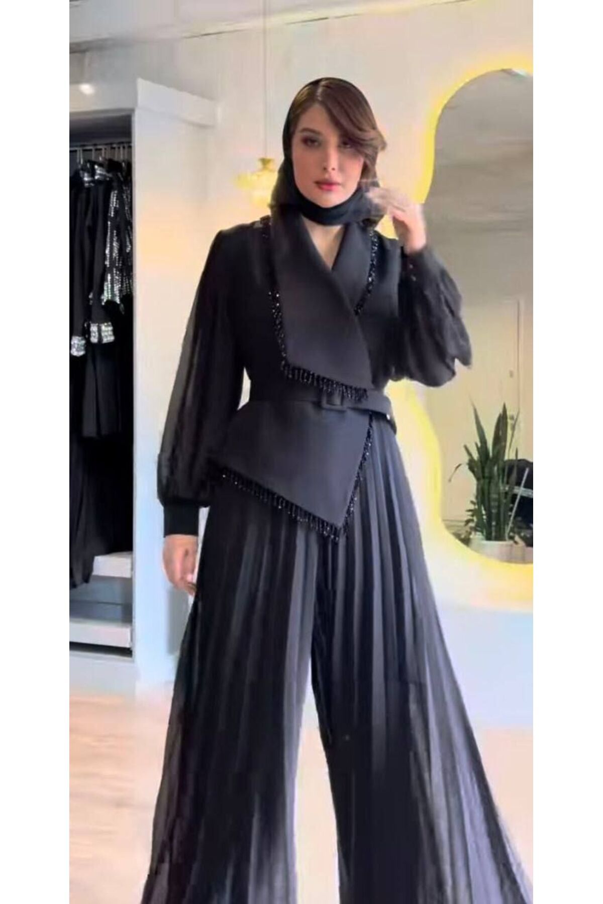 Eyes Life Taşlı Şifon Kemerli Tulum-XL - SİYAH
