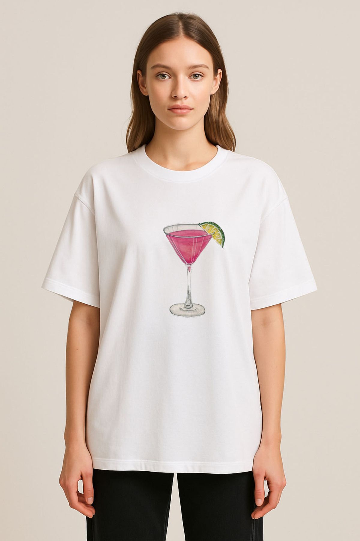 sielta Kokteyl Coctail İçki Baskılı Bisiklet Yaka Oversize Beyaz Tişört T-shirt