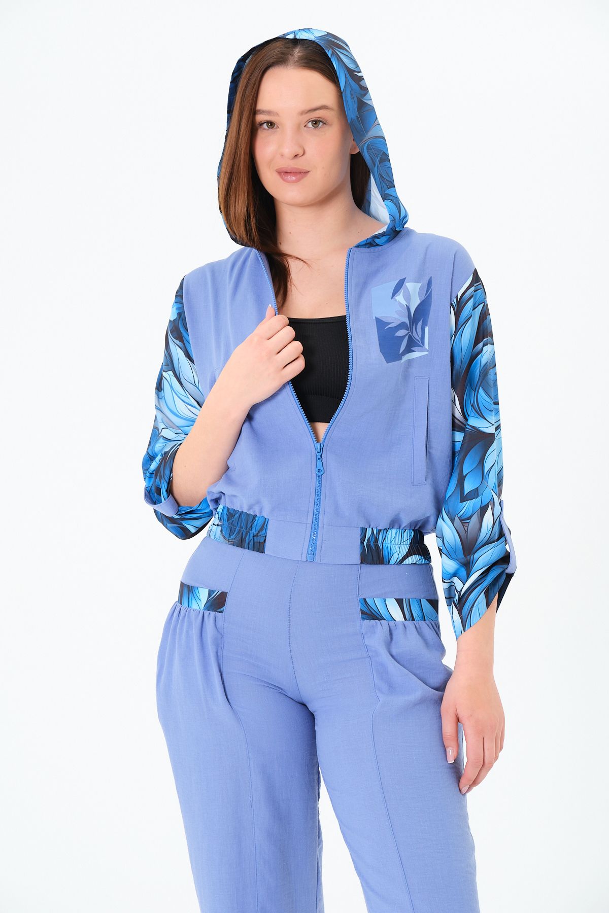 Sortie Collection Kadın Beli Lastikli, Fermuarlı Gömlek, Lastikli Paça, Baskılı Gömlek-Pantolon Mavi Alt Üst Takım