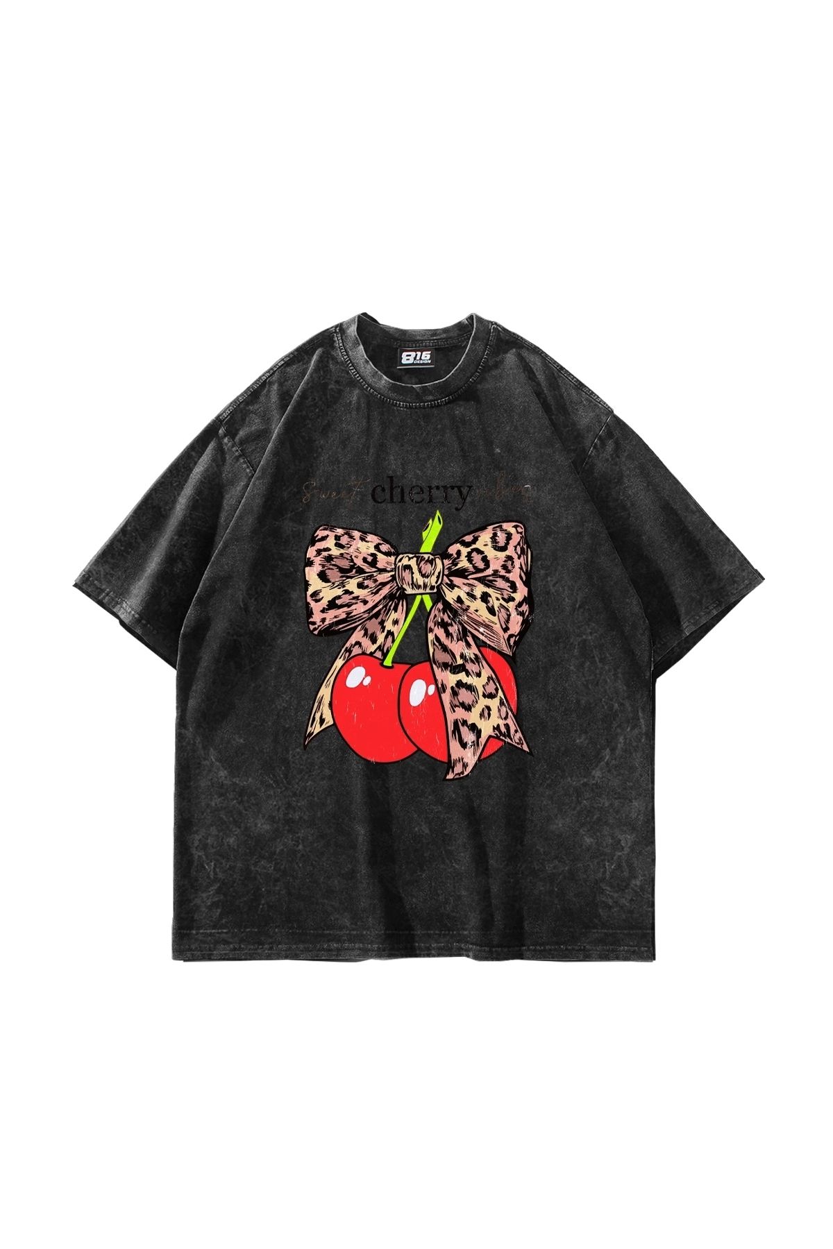 Sekizbiraltı Sweet Cherry Vibes Baskılı Oversize Unisex Yıkamalı Siyah Tshirt