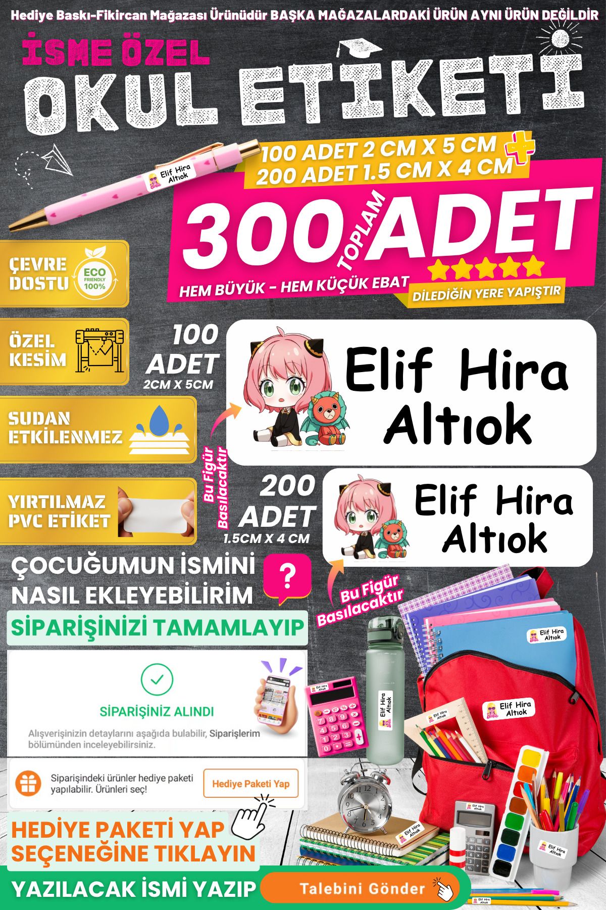 FİKİRCAN Fikircan-İsme Özel Okul Etiket Seti - ANYA 300 Adet - Kokusuz Ekolojik Mürekkep PVC ETİKET