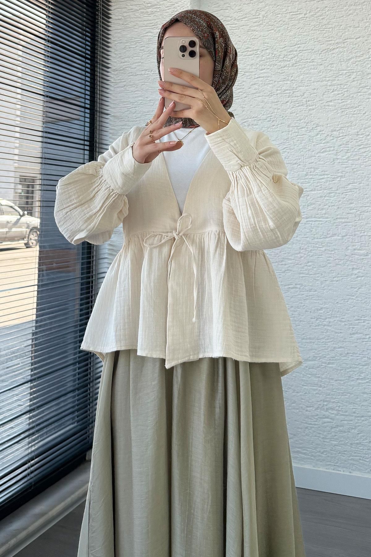 MELEK ARAZ Robadan Bağlamalı Müslin Kimono – Taş