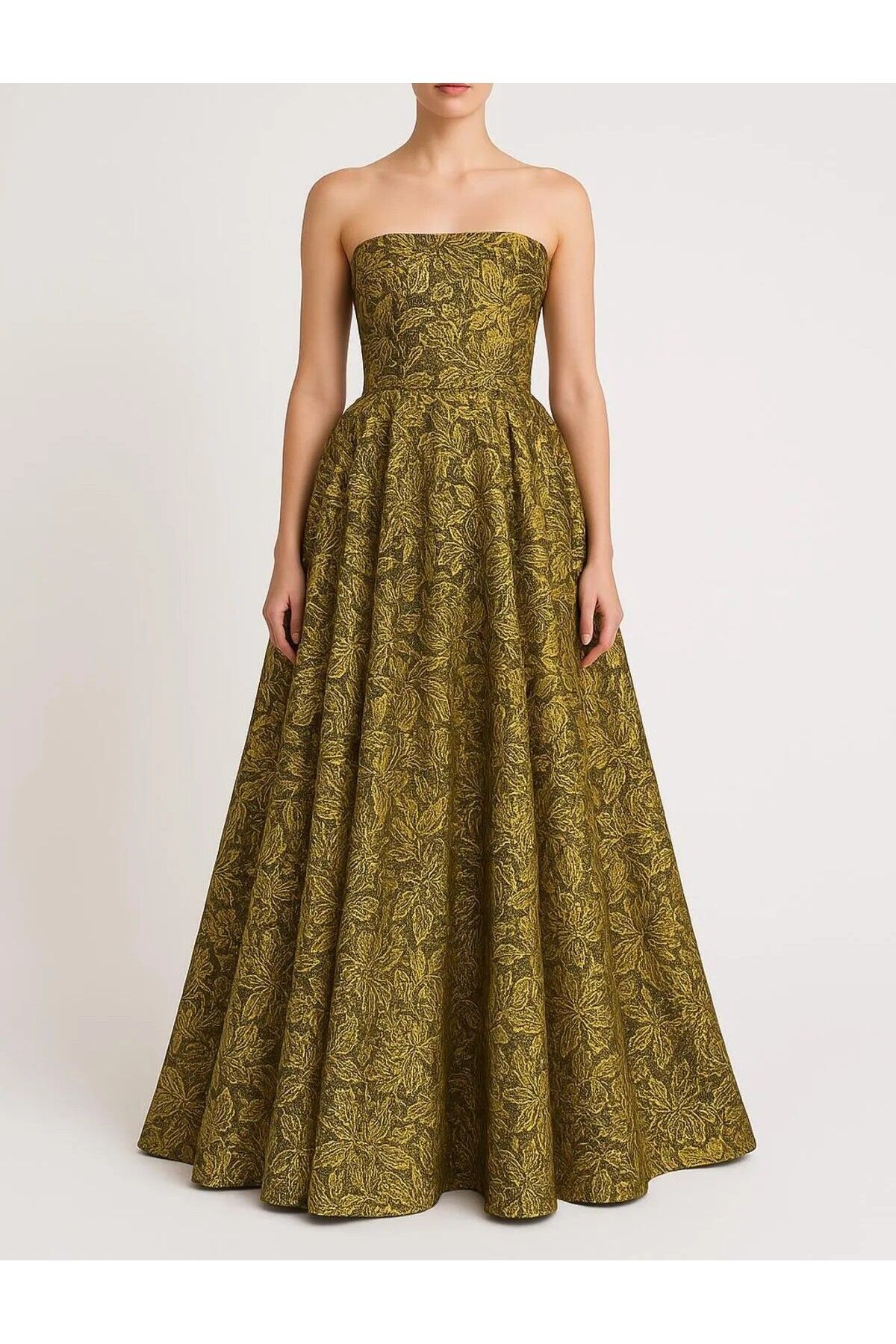UNTIMELY Çiçek Desenli & Siyah/Gold Karışımlı Straplez Brokar Maxi Elbise