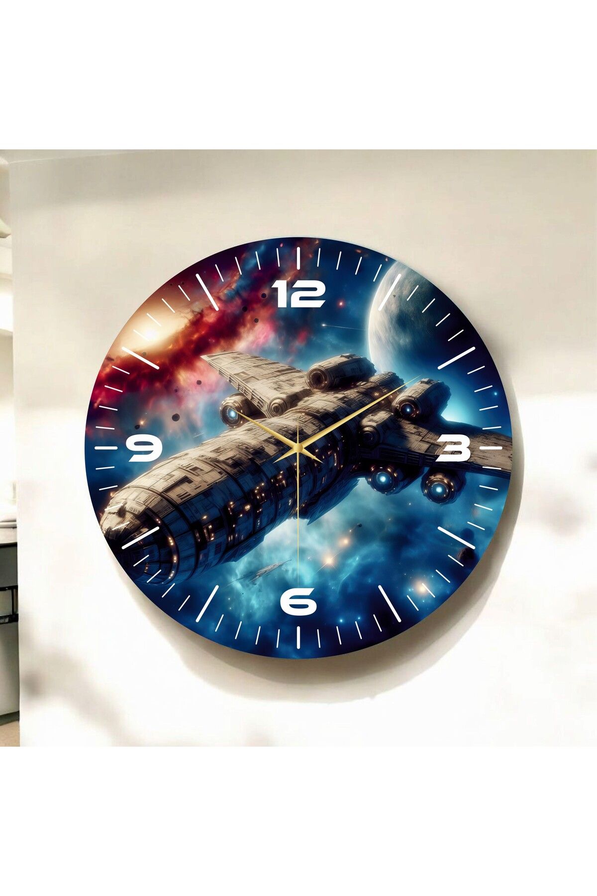 AA Shop Renkli Baskı Uzay Desenli Sayılı Hediyelik Ahşap Sessiz Duvar Saati 50cm
