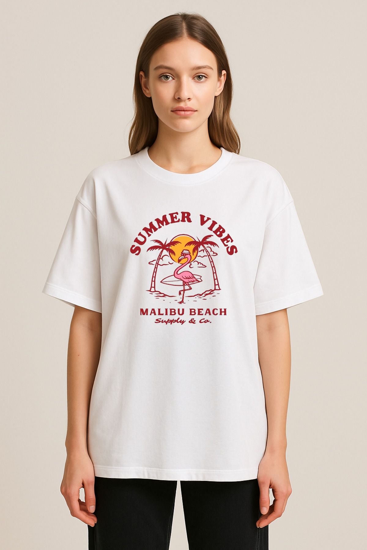 sielta Summer Vibes Malibu Beach Baskılı Bisiklet Yaka Oversize Beyaz Tişört T-shirt
