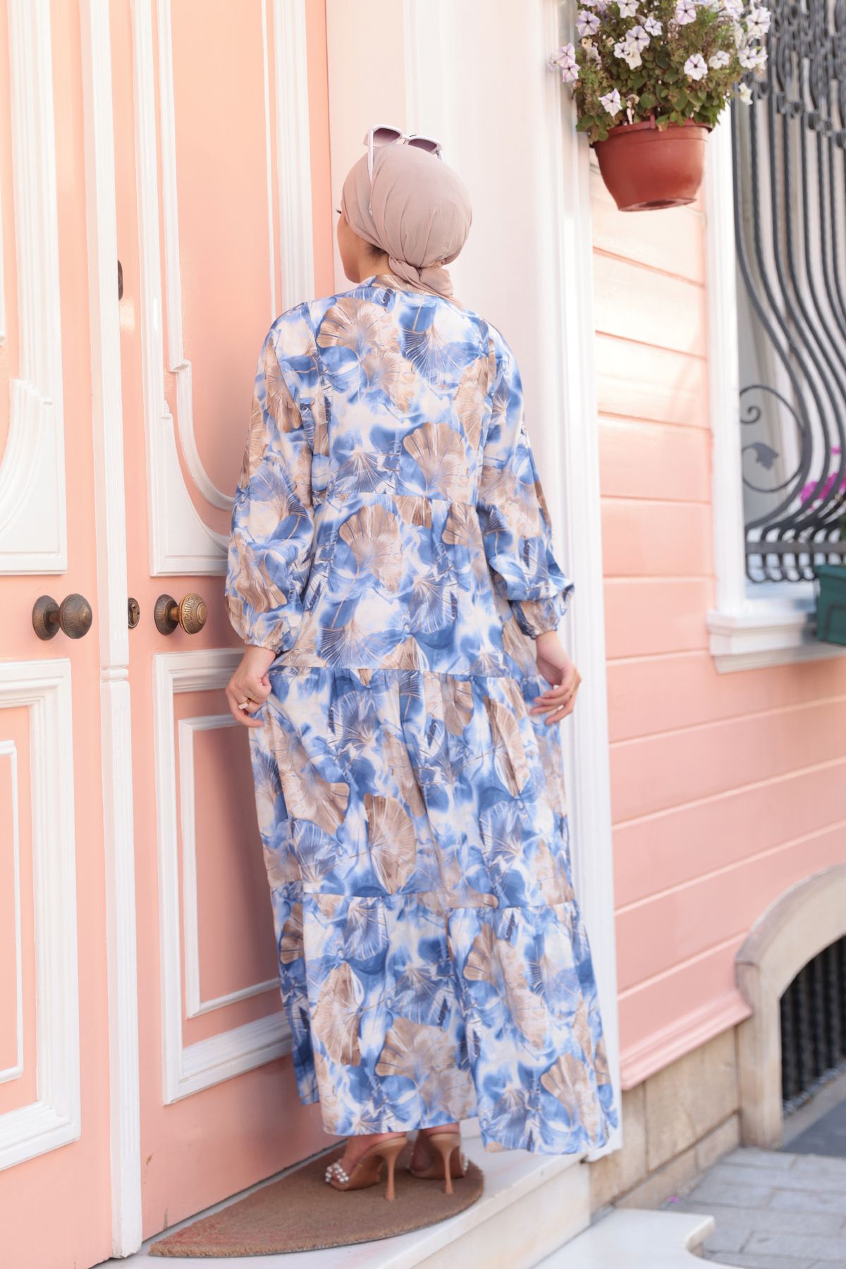 LOCCO-Rochie de damă cu model de frunze albastră 6