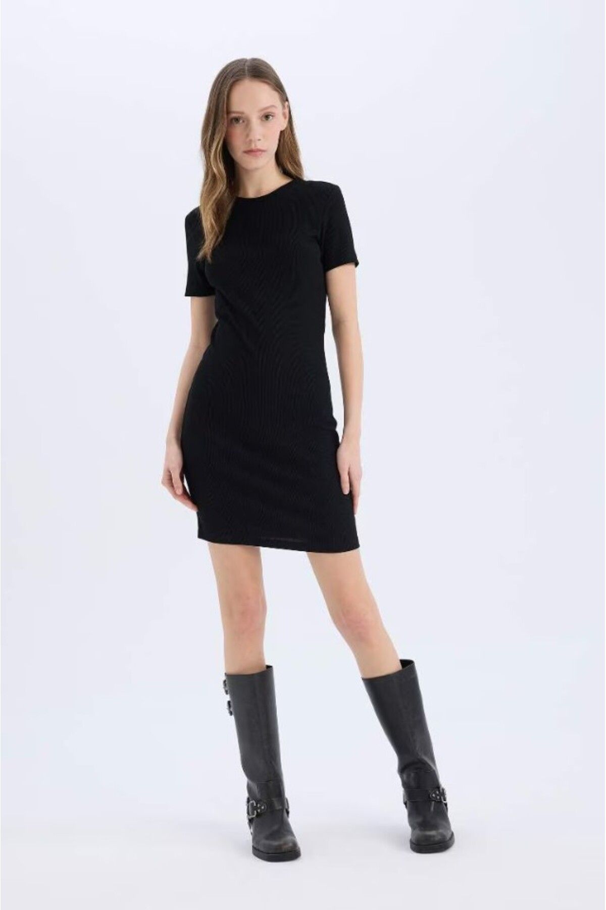 DeFacto Mini Elbise Fitilli Bodycon Vücudu Saran Bisiklet Yaka Kaşkorse Kısa Kollu