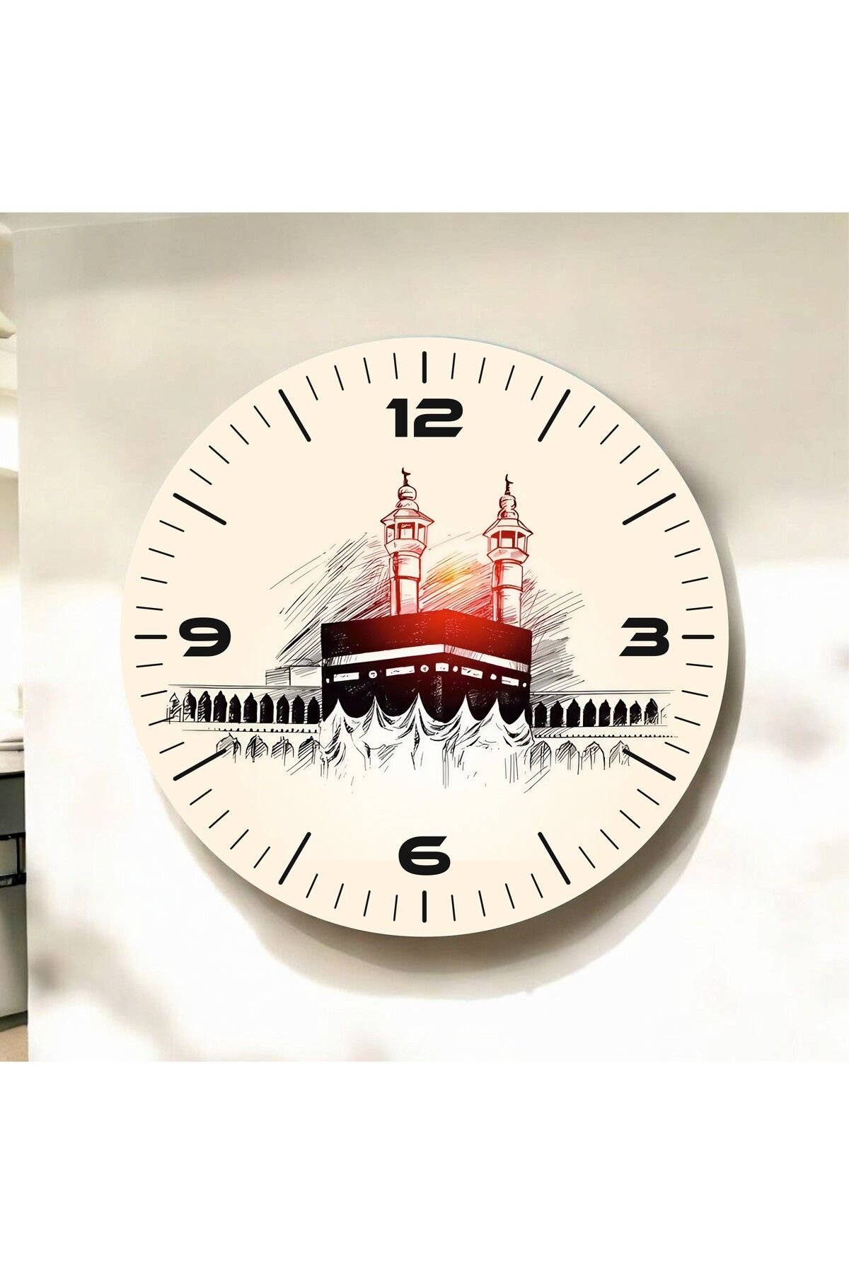 AA Shop Renkli Baskı Kabe Dini Desenli Sayılı Hediyelik Ahşap Sessiz Duvar Saati 50cm