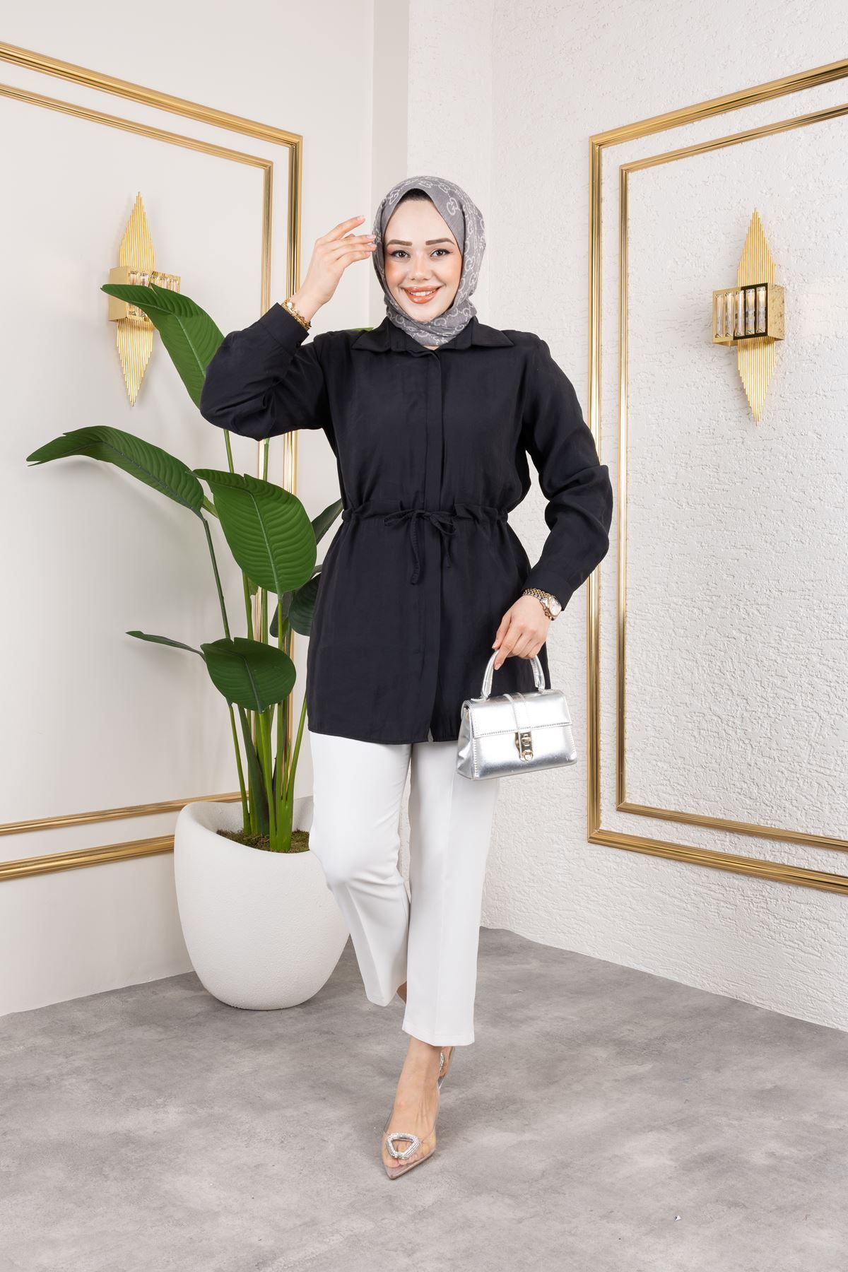 modestim Kadın Beli Tünel Kuşak Detaylı Gölek Yaka Trend Yazlık Modest Modal Kumaş Tesettür Tunik-Siyah