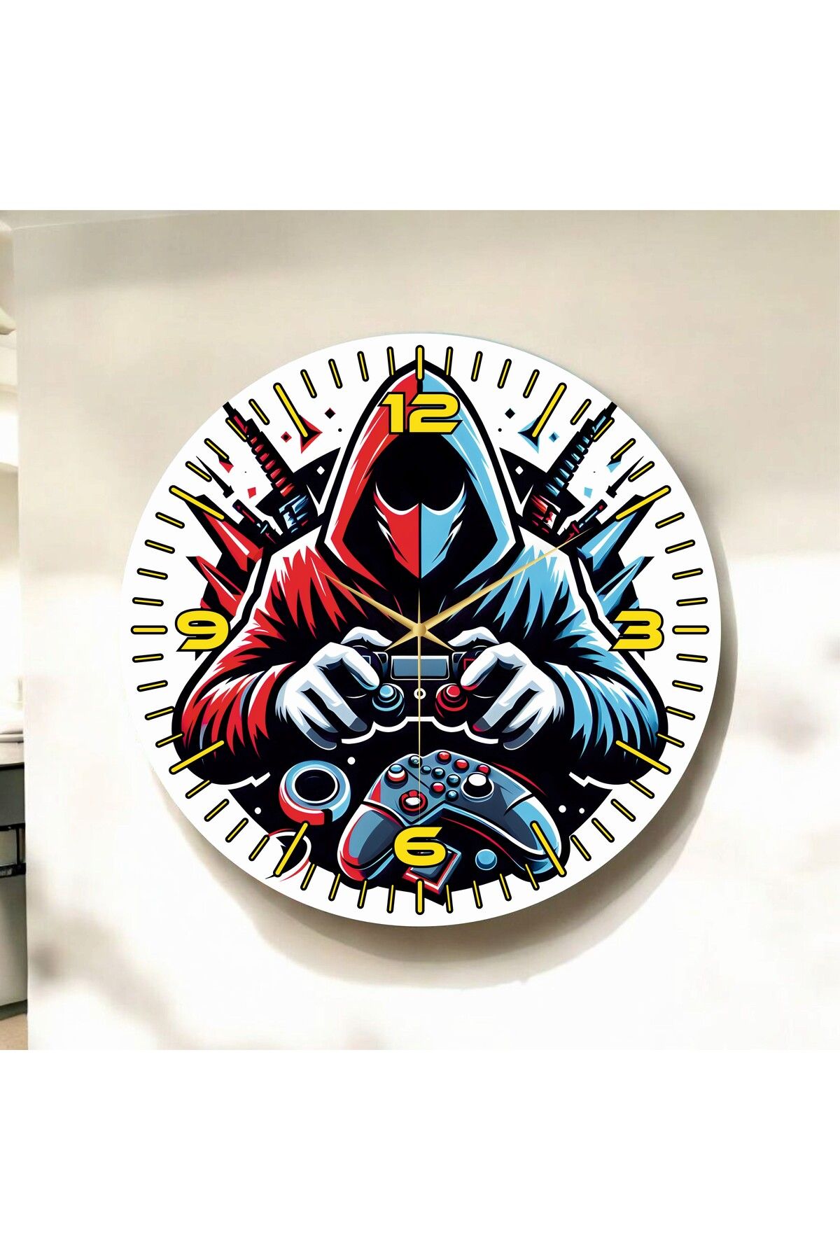 AA Shop Renkli Baskı Gamer Oyuncu Desenli Sayılı Hediyelik Ahşap Sessiz Duvar Saati 50cm