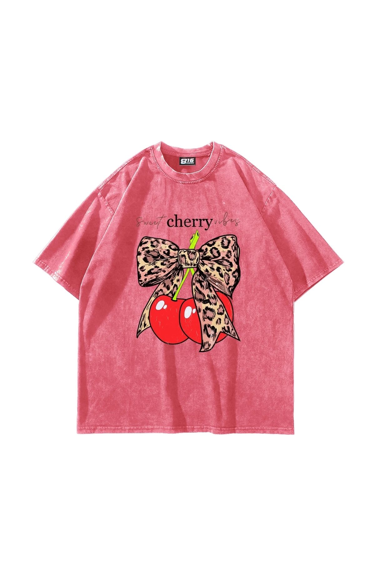 Sekizbiraltı Sweet Cherry Vibes Baskılı Oversize Unisex Yıkamalı Pembe Tshirt