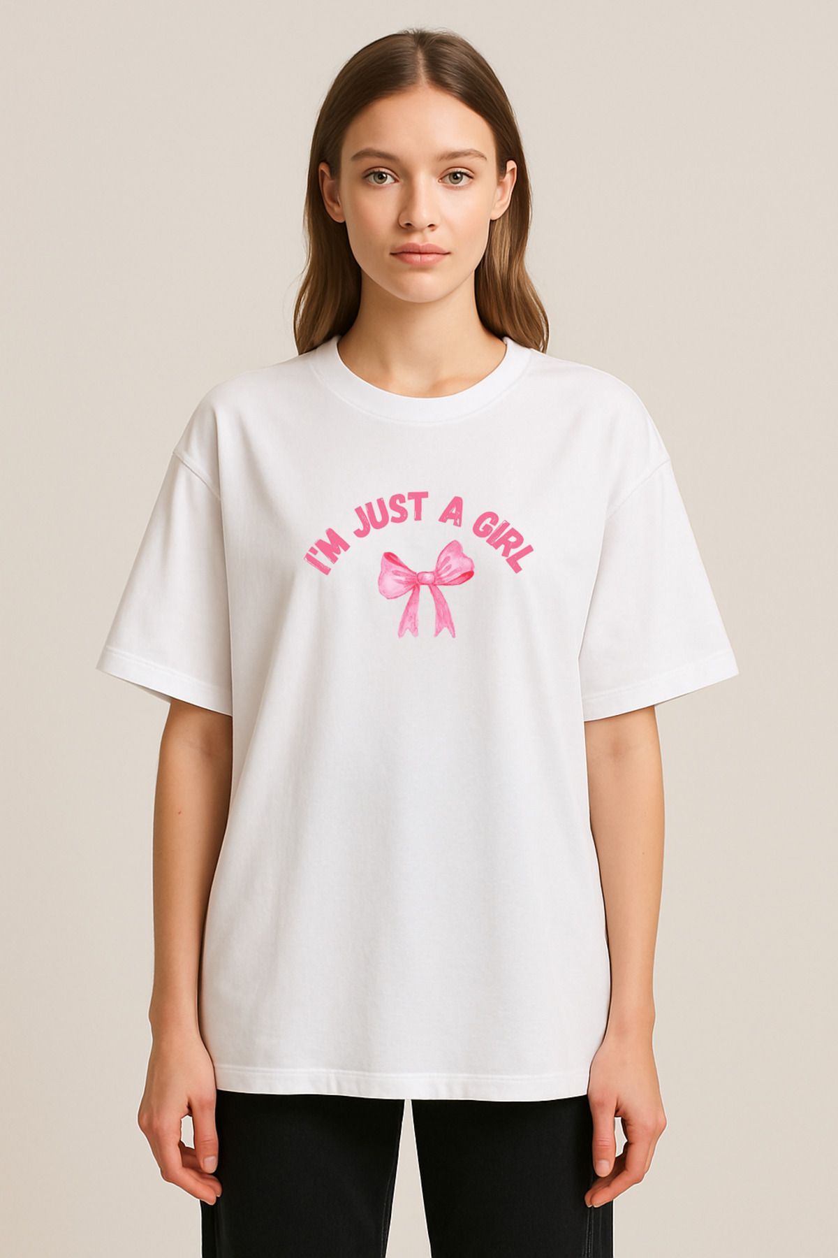 sielta I 'm Just a Girl Baskılı Bisiklet Yaka Oversize Beyaz Tişört T-shirt