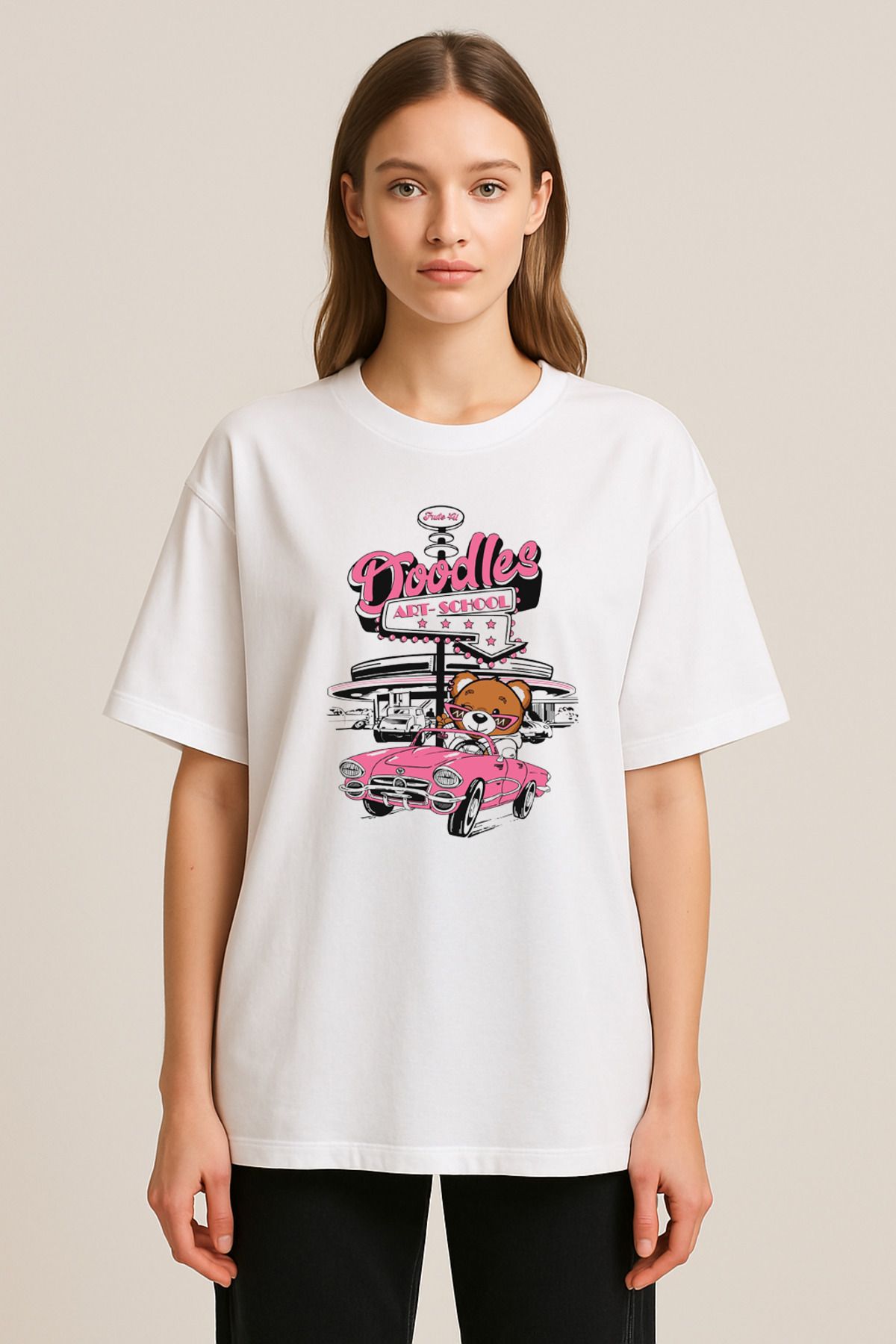 sielta Resim Okulu Baskılı Bisiklet Yaka Oversize Beyaz Tişört T-shirt