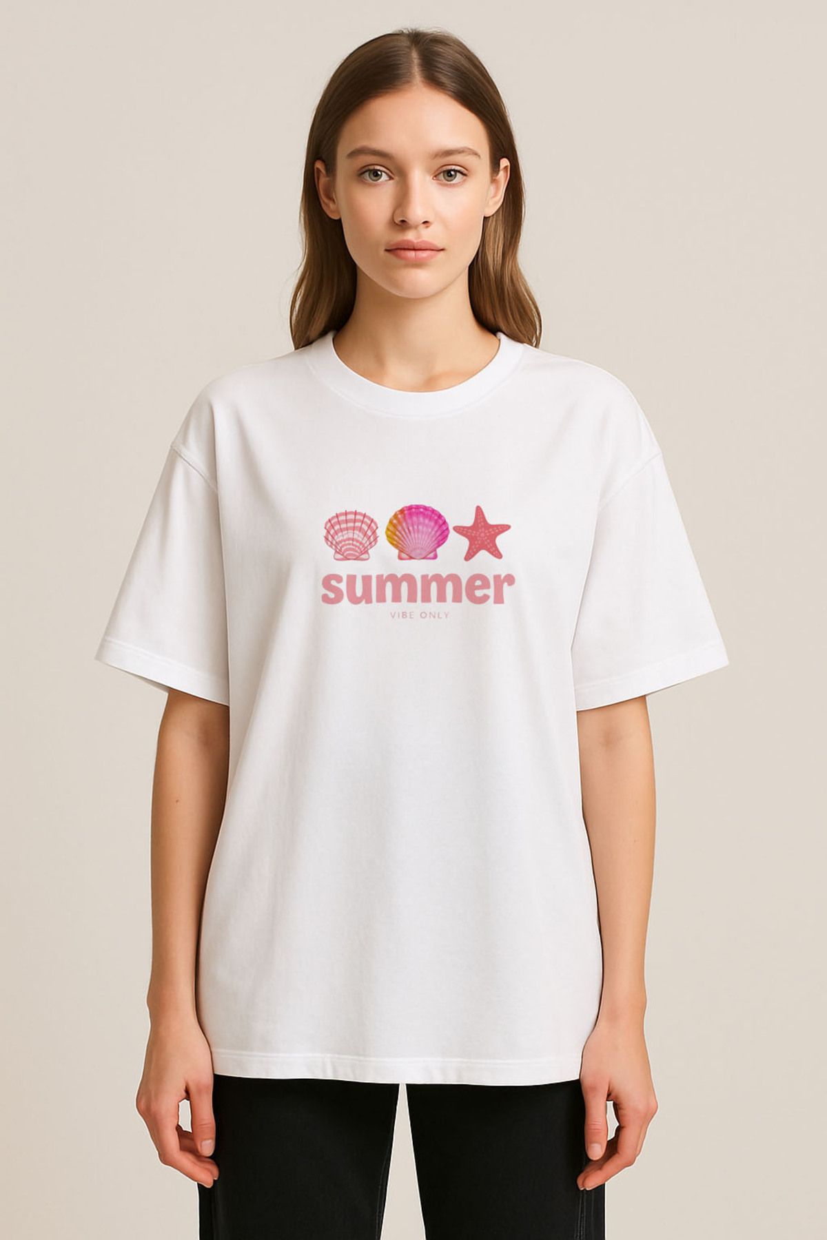 sielta Summer yazısı Baskılı Bisiklet Yaka Oversize Beyaz Tişört T-shirt
