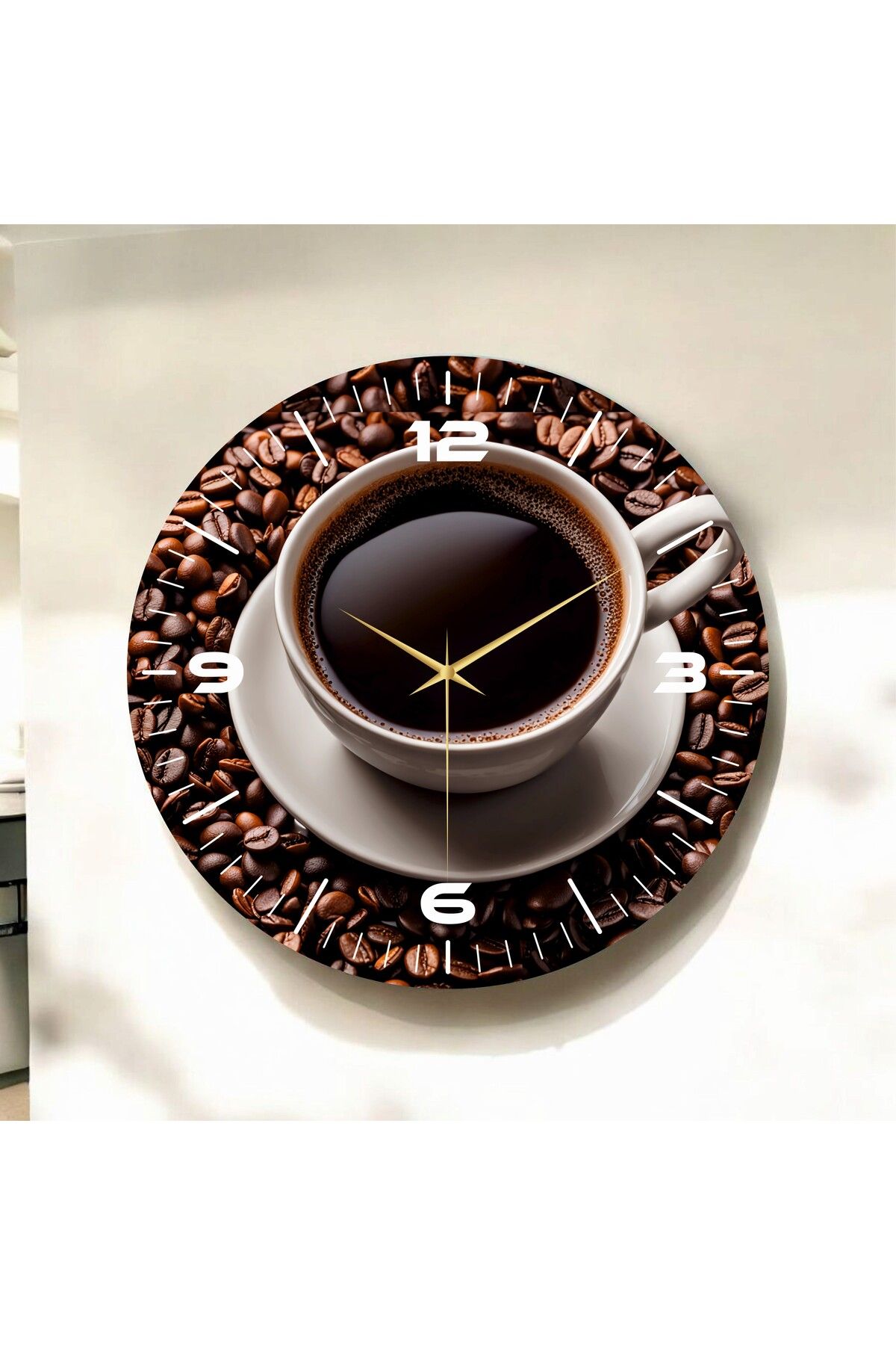 AA Shop Renkli Baskı Kahve Desenli Sayılı Hediyelik Ahşap Sessiz Duvar Saati 50cm