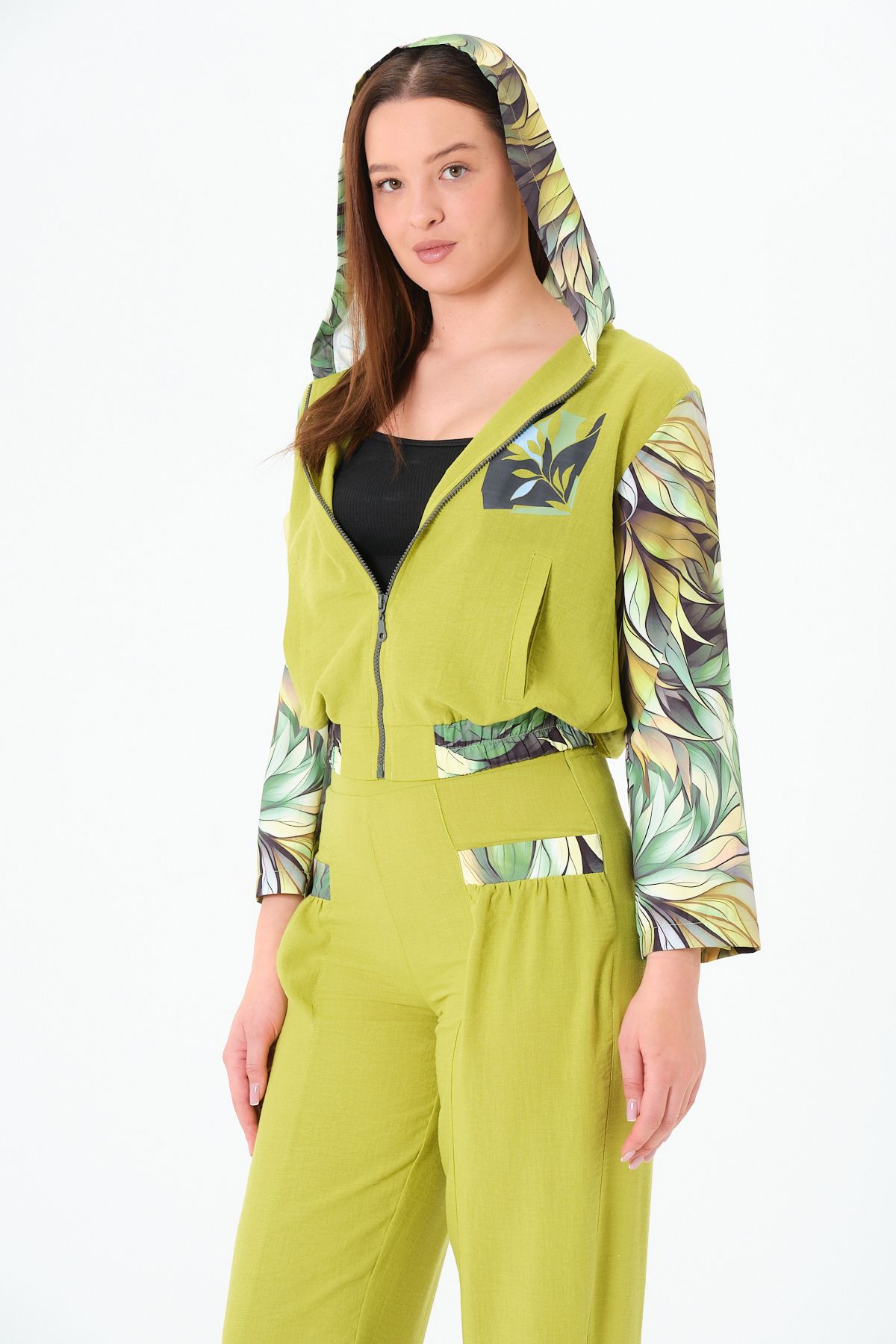 Sortie Collection Kadın Beli Lastikli, Fermuarlı Gömlek, Lastikli Paça, Baskılı Gömlek-Pantolon Yeşil Alt Üst Takım