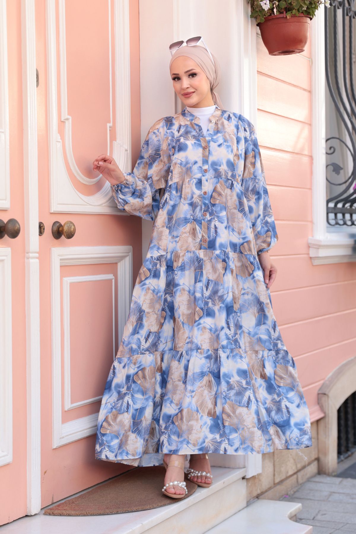 LOCCO-Rochie de damă cu model de frunze albastră 1