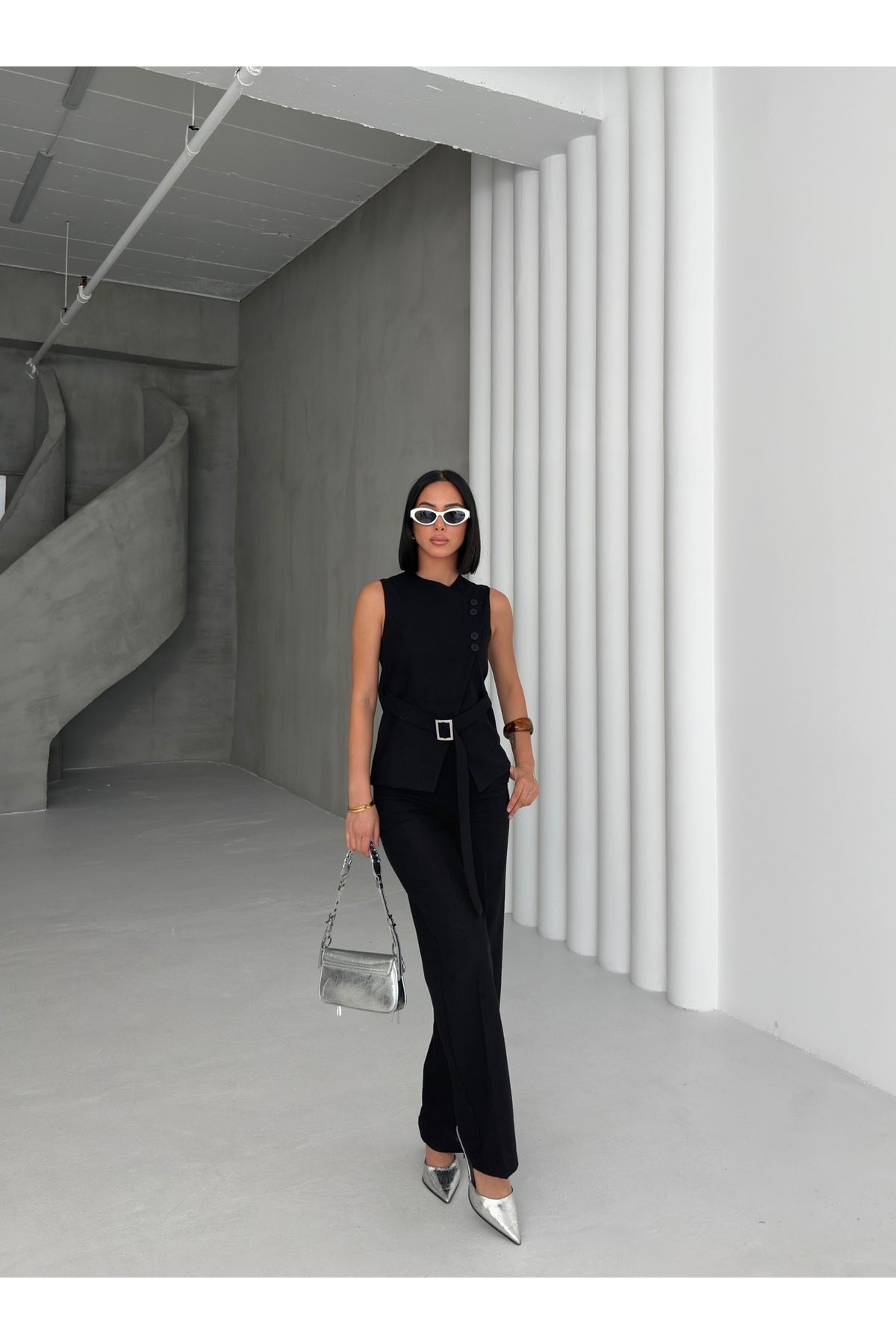 OUZ Fashion Kadın Keten Asimetrik Yelek Pantolon İkili Takım