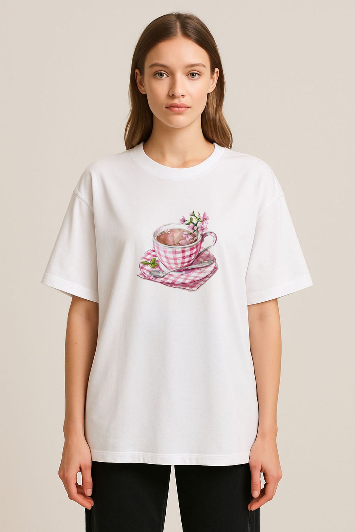 sielta Vintage Çay Bardağı Baskılı Bisiklet Yaka Oversize Beyaz Tişört T-shirt