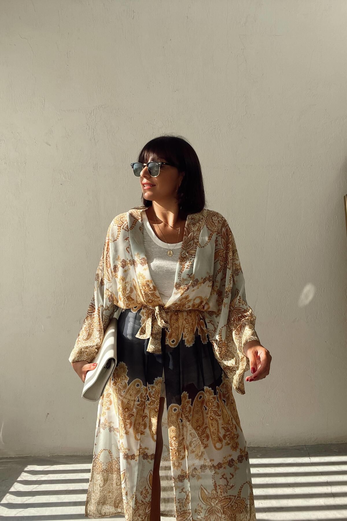 ELVAN TOLON Şal Desenli Uzun Kimono