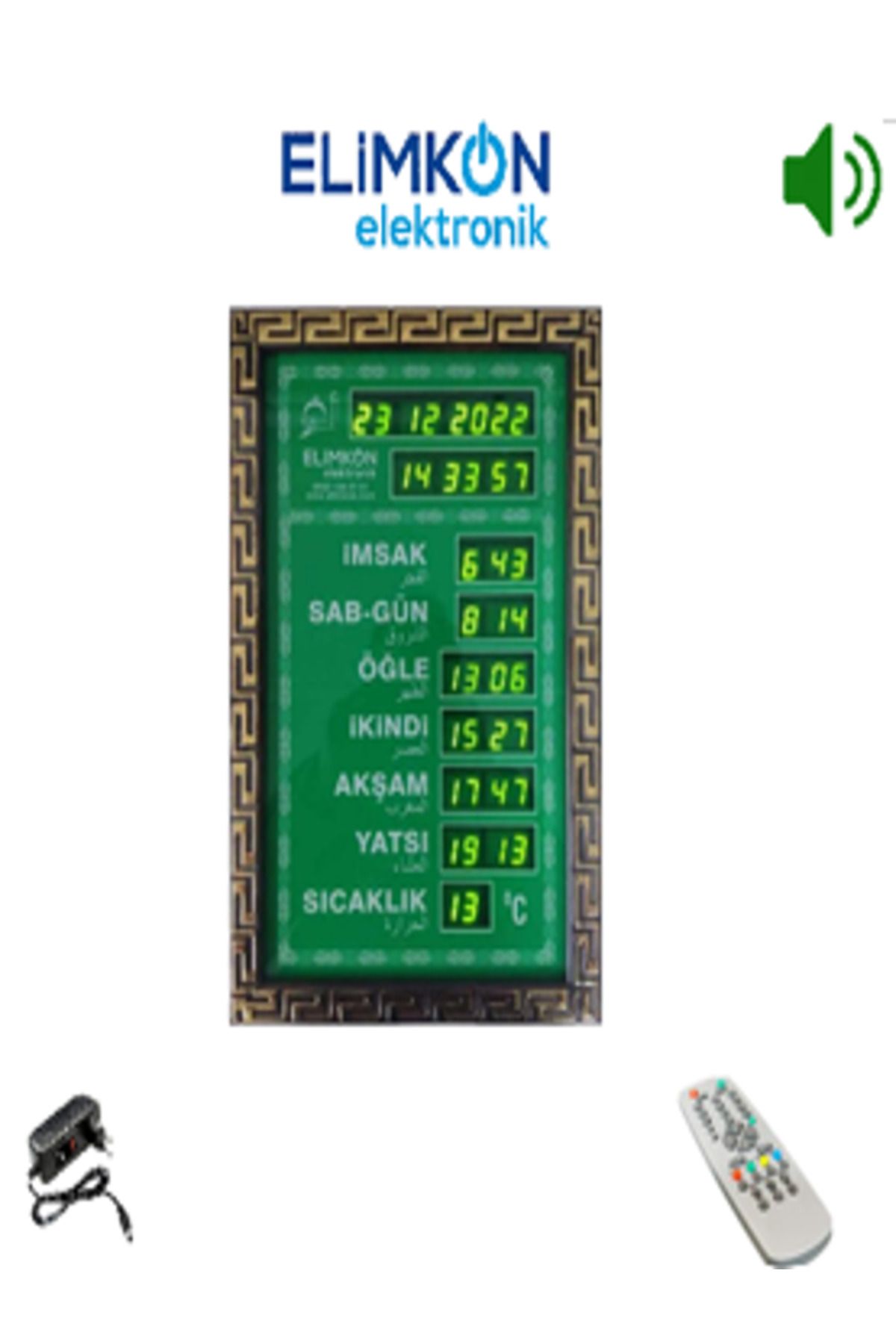 Elimkon VAKİTMATİK DİJİTAL İMSAKİYE EV OFİS TİPİ UV YEŞİL BASKI KUMANDALI EZANLI YEŞİL DİSPLAY