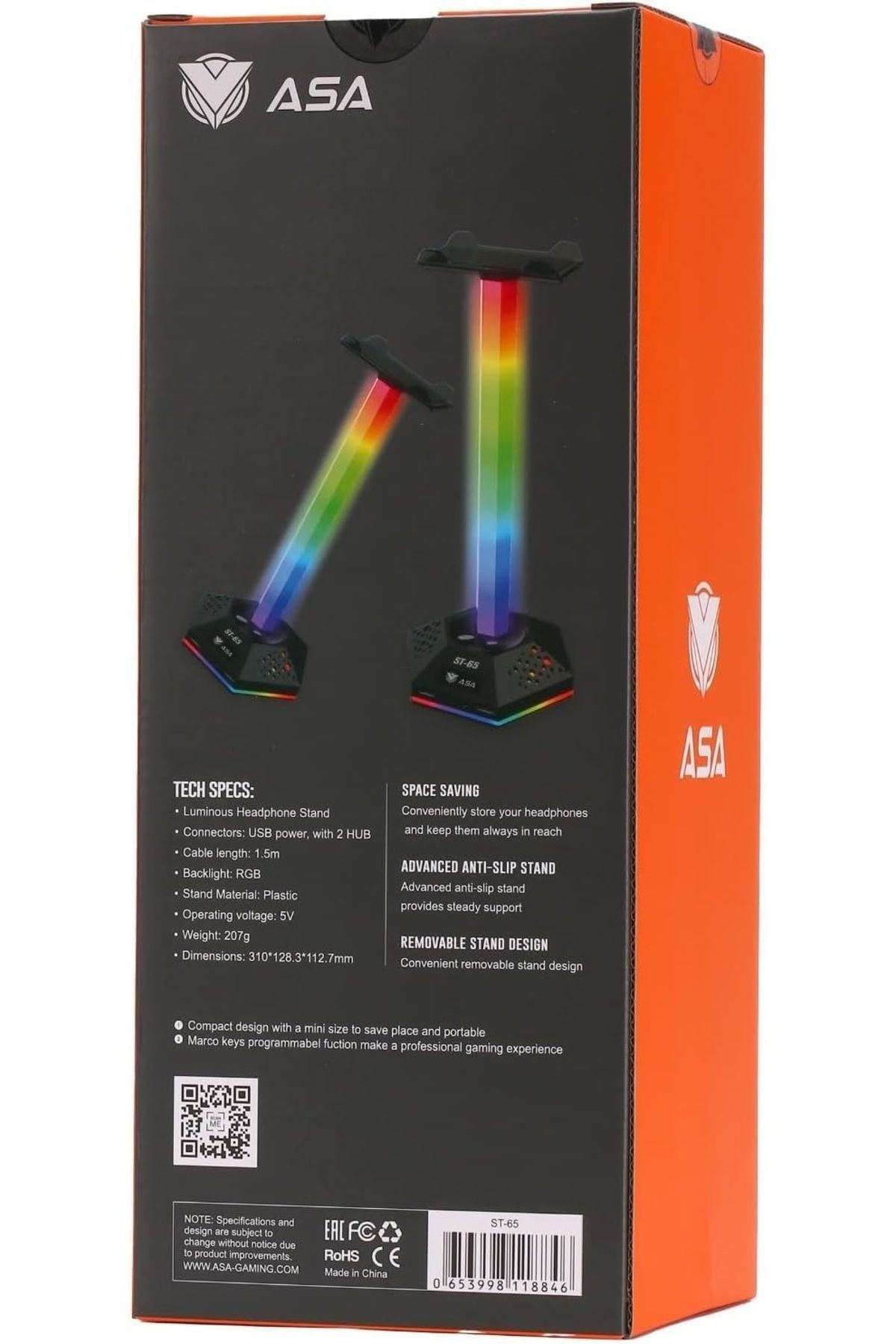 ASA-Headset Stand With 2 Port USB Hub – Dynamic RGB lighting with 1.2m Cable length | Black 6