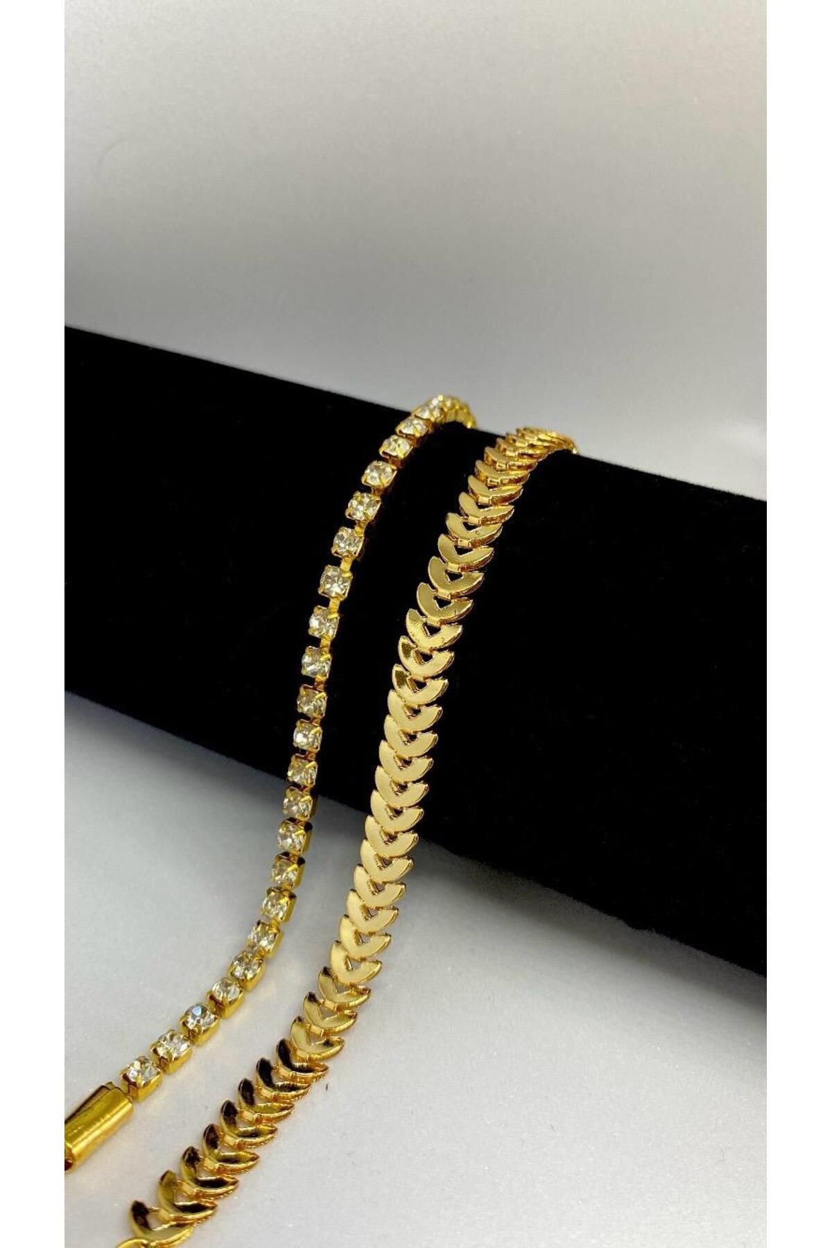 Axuu Collection 2 Parçalı Gold Renk Kadın Bileklik Seti Kadın Bileklik Kombini Su Yolu Bileklik Balıksırtı Bileklik