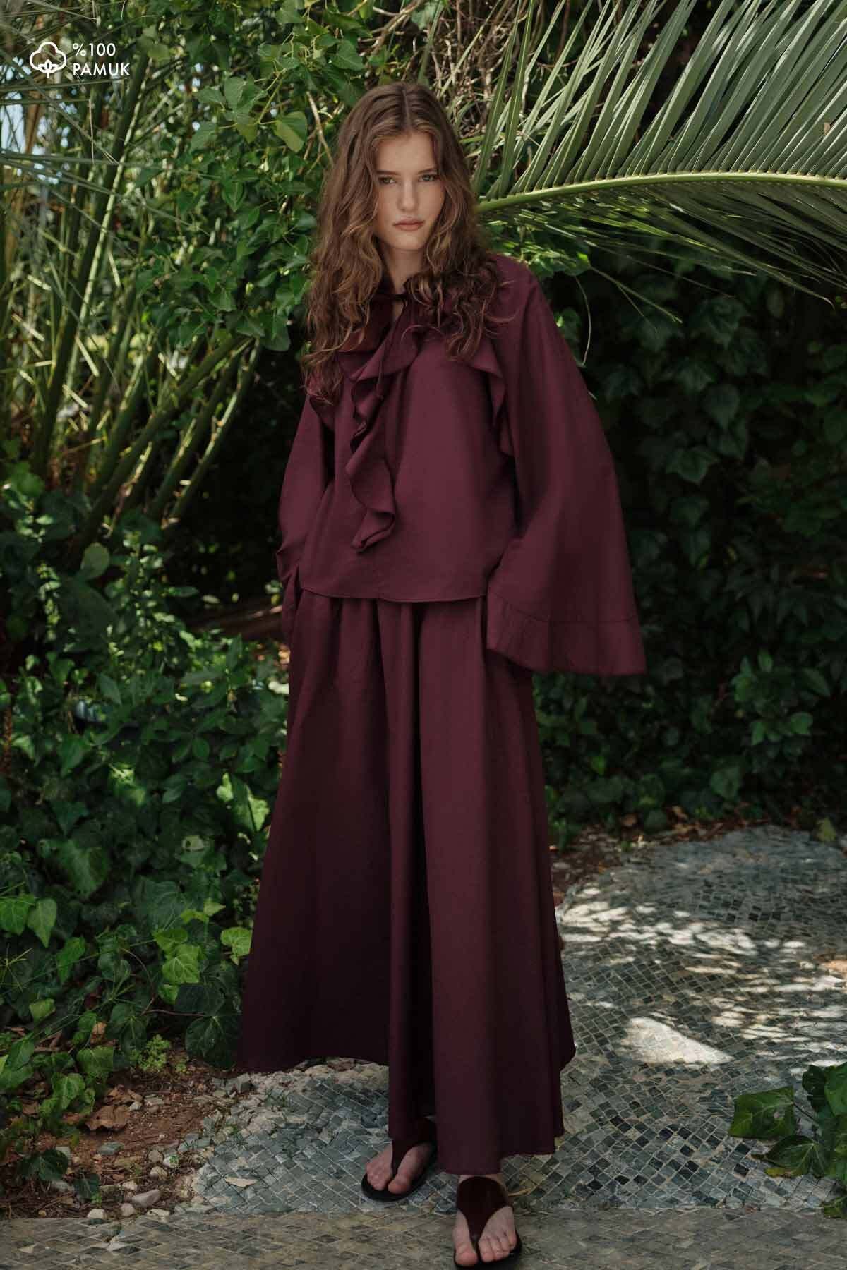 Hooopstore Boho Vual Bordo Bluz Etek Takım