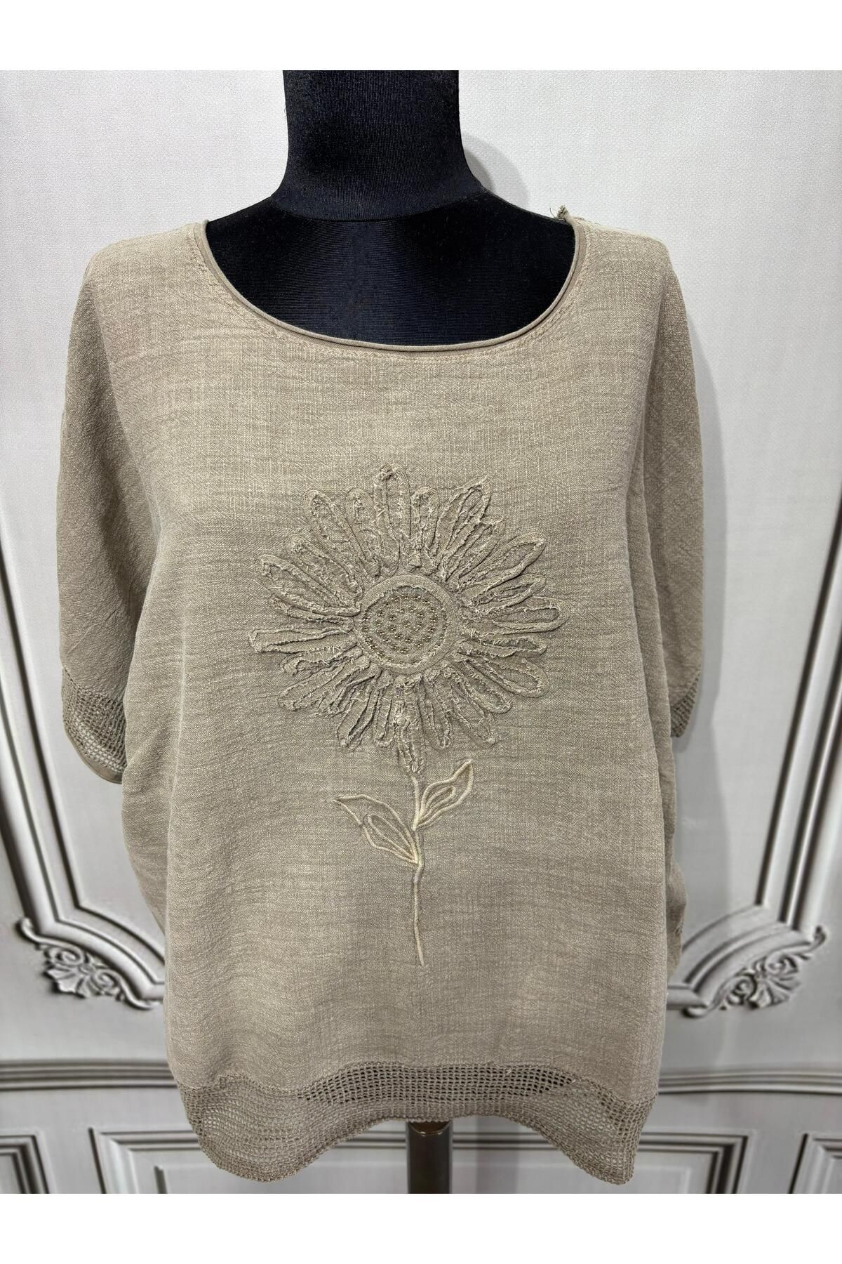MENSAR OTANTİK Kadın Oversize Kabartmalı Fileli Keten Bluz