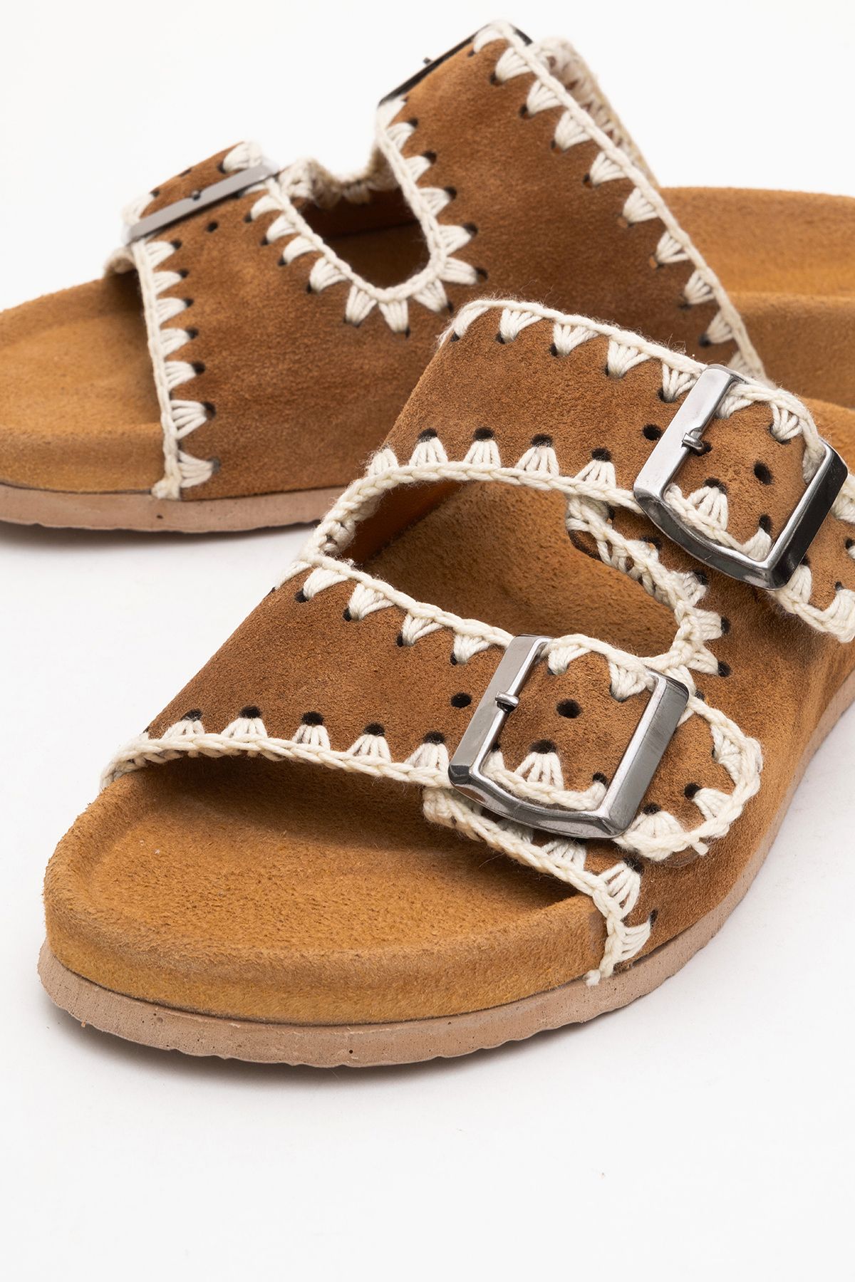 Dericlub-Dericlub Women's Drawstring Double Strap Casual Slippers Real Suede Leather Zy 7900 Taba 3