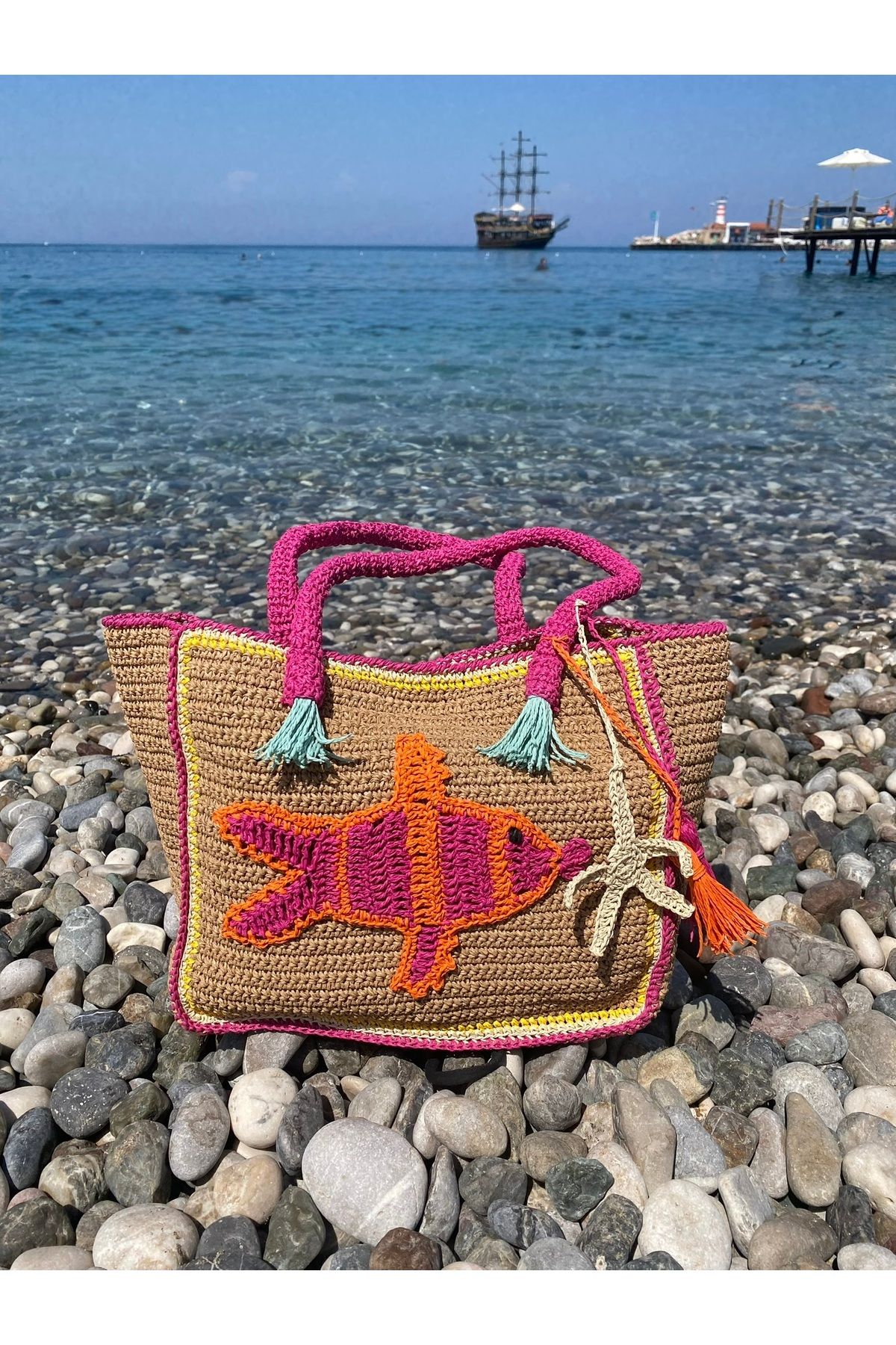 NOBLEISTIQUE Balık Figürlü El Örgüsü Kağıt İp Plaj Çantası – Yazlık, Hafif, Doğa Dostu Tasarım