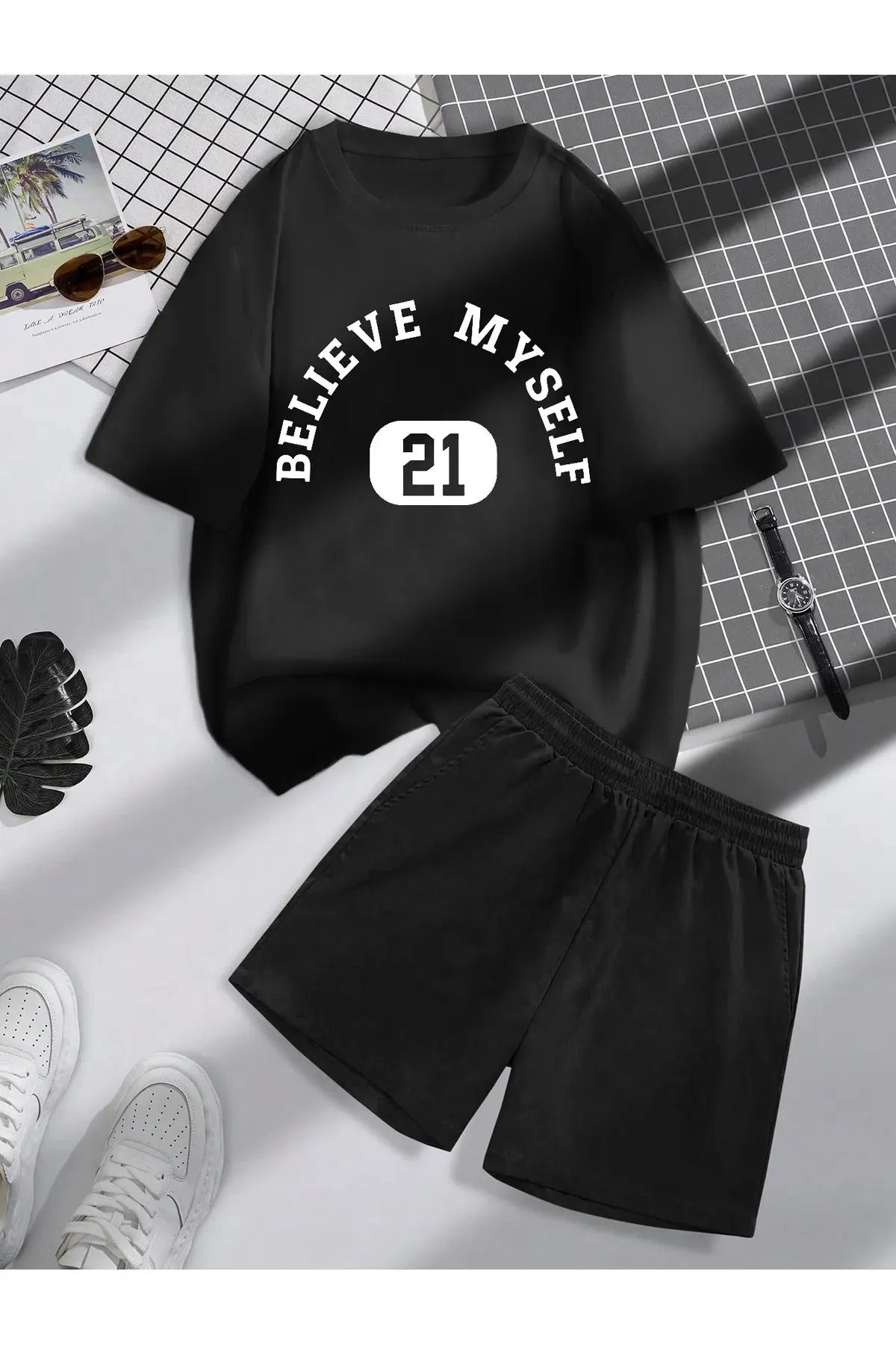 COHERENT Unisex Kadın/Erkek Beyaz Yeşil Believe Özel Baskılı Şort T-shirt Takımı