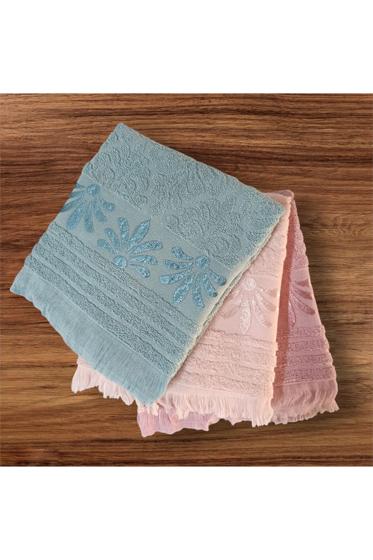 havloom Palmiye Desenli Saçaklı El Havlusu - Yüz Havlusu - Baş Havlusu 3'lü Set Pembe 50*90 cm Saçaklı