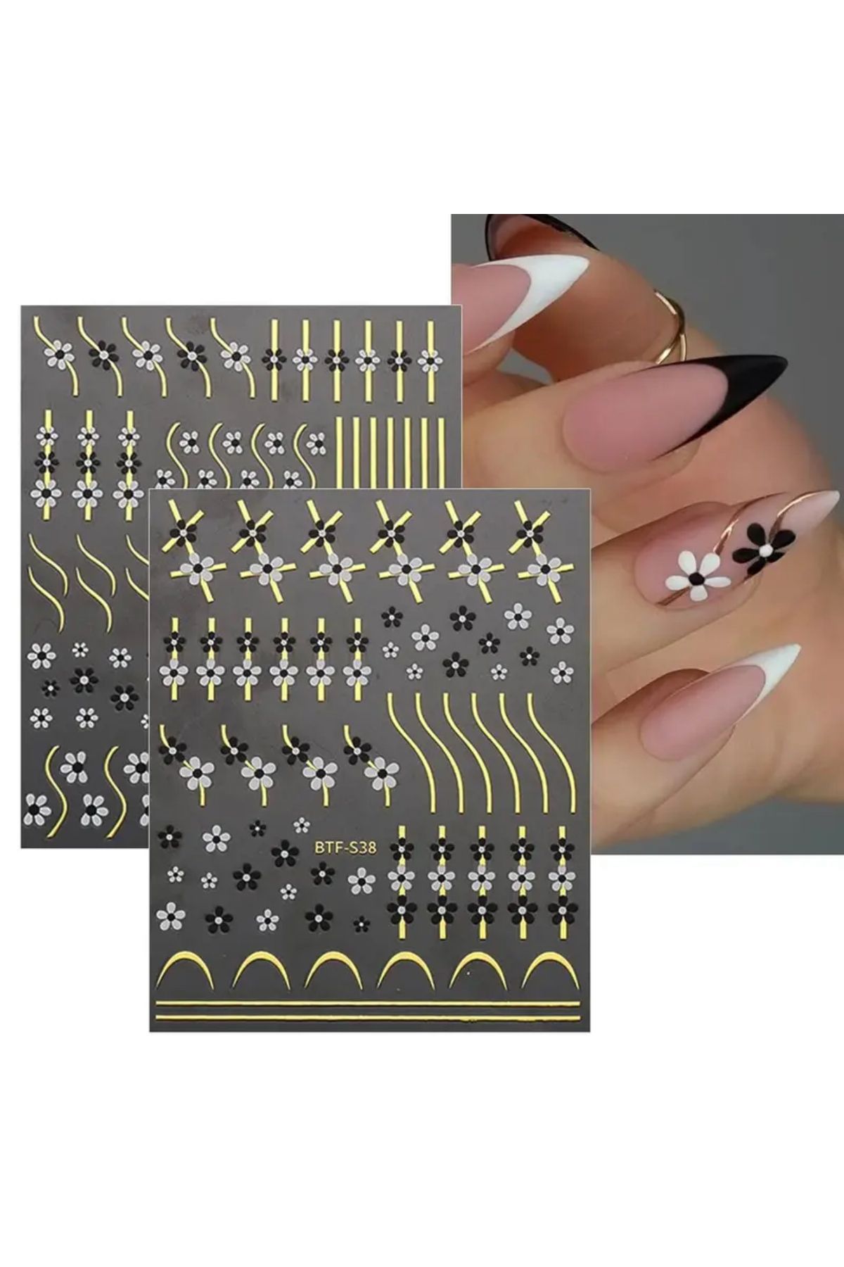 zeinapp Kendinden Yapışkanlı Altın Varaklı Çiçek Papatya Figürlü 3 Parça Tırnak Sticker Nail Sticker
