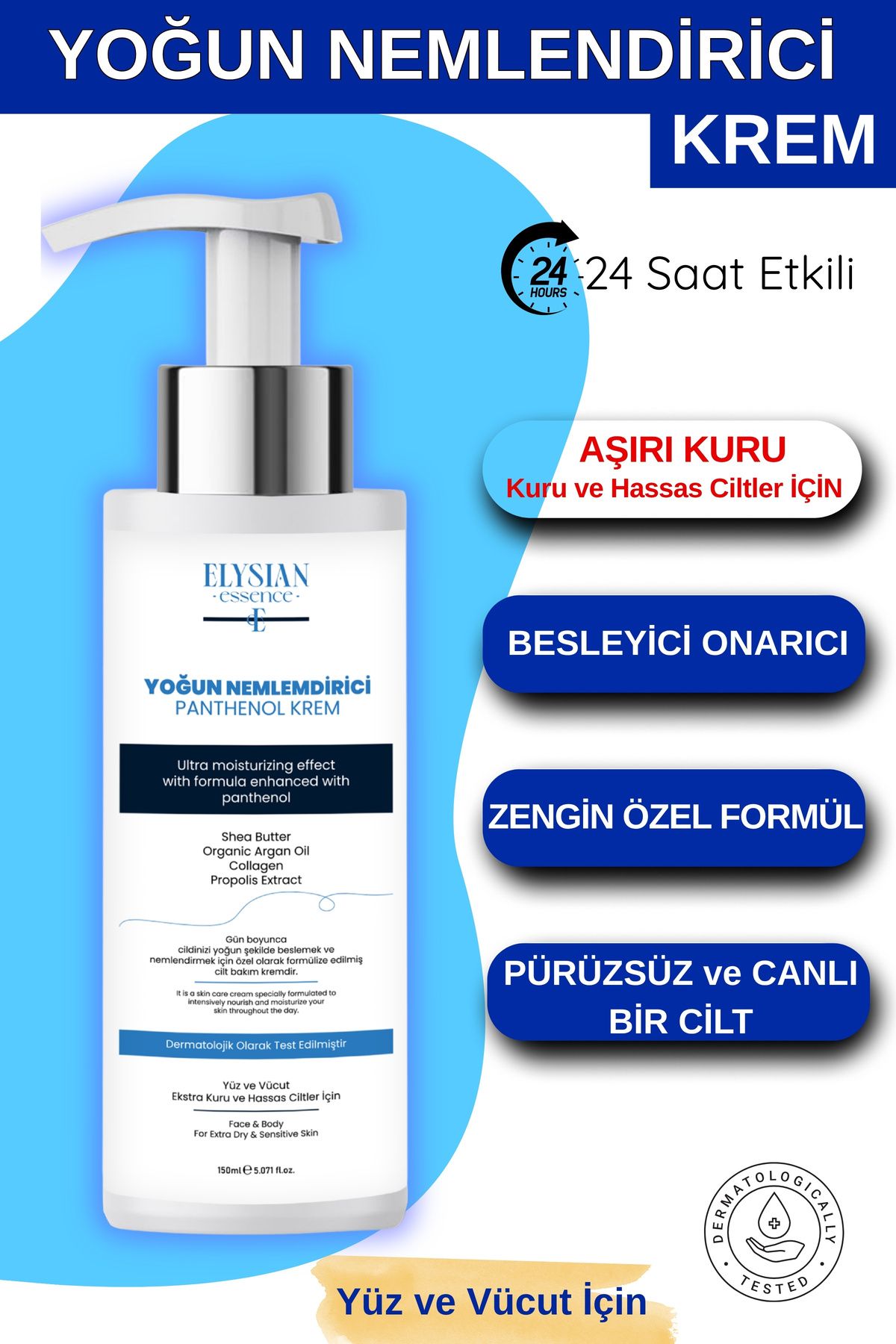 Elysian Essence Yoğun Nemlendirici Panthenol Krem 150 ML | Kuru ve Hassas Ciltlere 24 Saat Bakım, Organik Argan Yağı